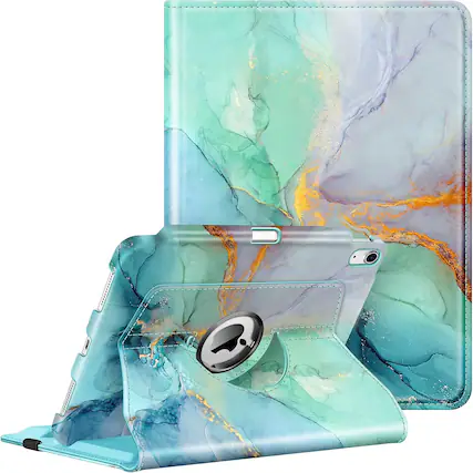 Front. Fintie - Rotating Case for iPad (A16) 11-inch 2025 and iPad 10th Gen 10.9 inch 2022, 360° Swivel Stand Magnetic Shockproof Cover - Emerald Marble.