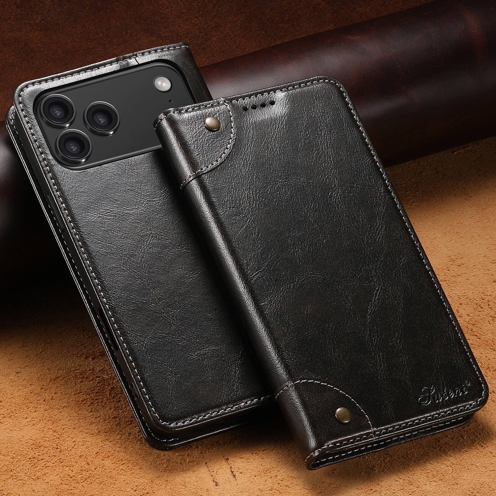 Angle. UUCOVER - Retro PU Leather Wallet Case for Apple iPhone 18 Pro,Magnetic Card Slots / Cash Pocket Case Shockproof Kickstand Cover - Black.