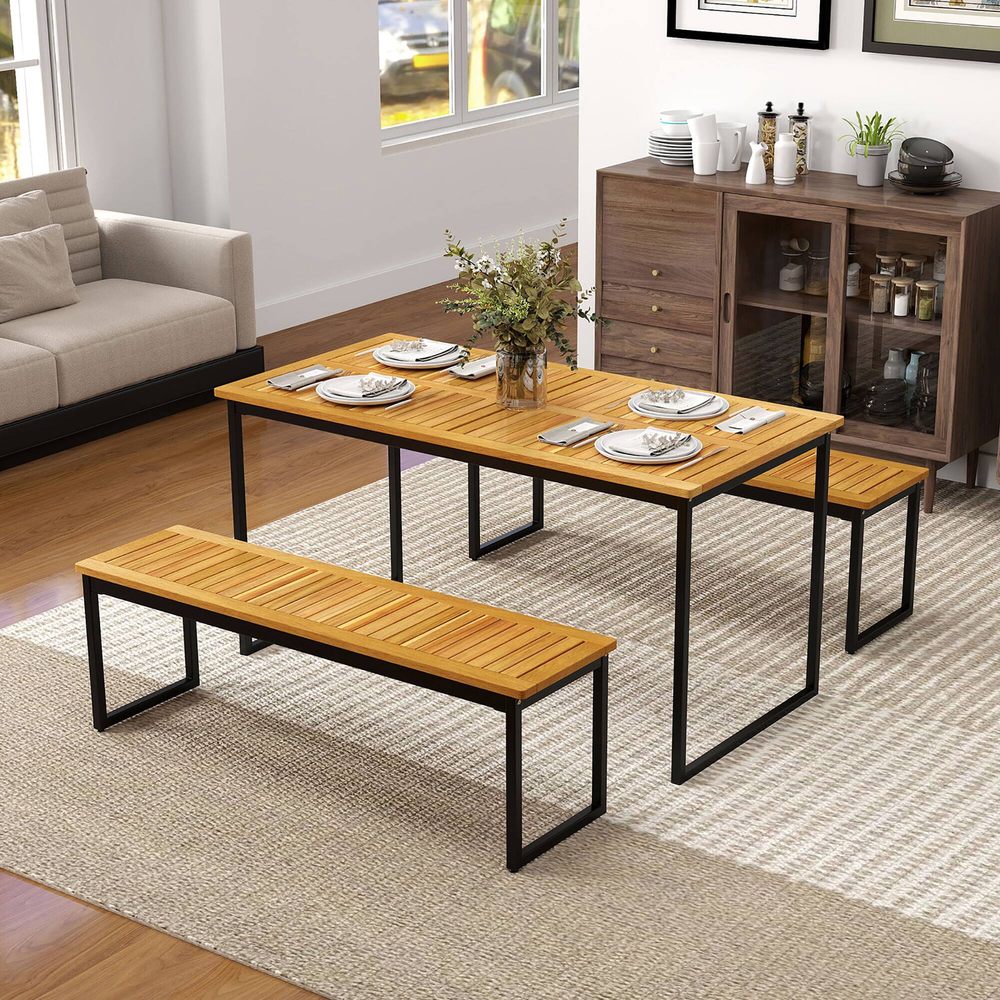 Alt View 4. Gymax - Gymax 2PCS 51'' Wooden Outdoor Bench Patio Dining Bench w/Acacia Wood Seat Natural - Natural, Black.