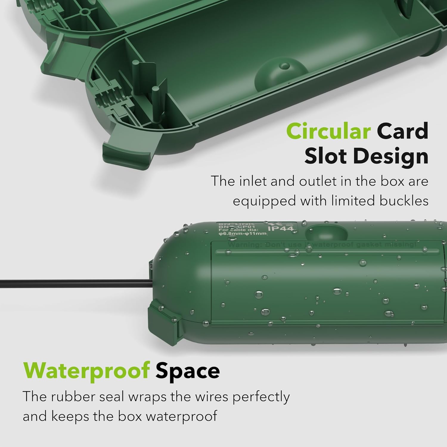 Circular Card Slot Design  
The inlet and outlet in the box are equipped with limited buckles.

Waterproof Space  
The rubber seal wraps the wires perfectly and keeps the box waterproof.