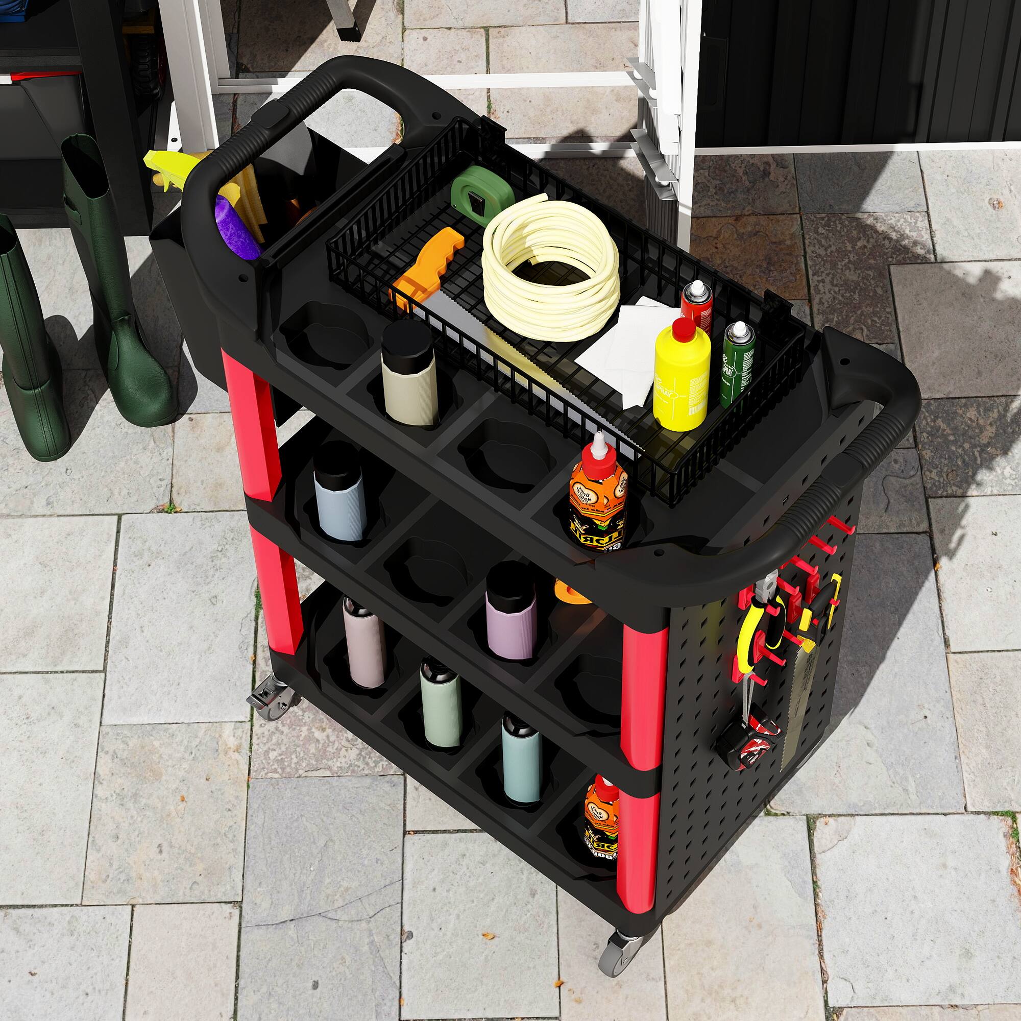 Alt View 8. Homcom - 3-Tier Rolling Tool Cart with Wheels, 200 LBS Capacity Plastic Utility Cart with Side Shelf and Bucket - Black and Red.