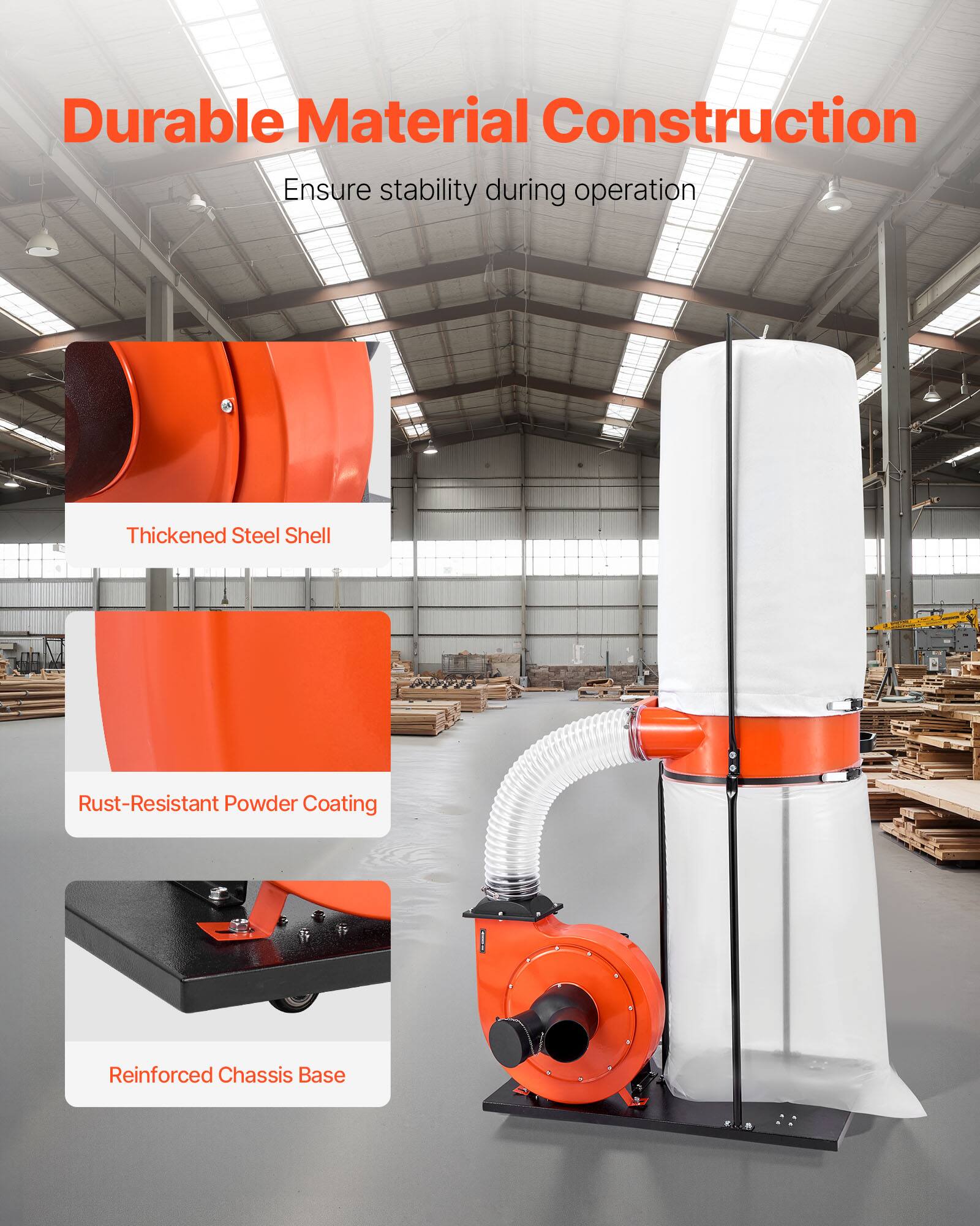 Durable Material Construction  
Ensure stability during operation

- Thickened Steel Shell
- Rust-Resistant Powder Coating
- Reinforced Chassis Base