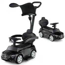 Costway - 3-in-1 Toddler Push Car w/Adjustable Canopy Under Seat Storage Realistic Sounds - Black