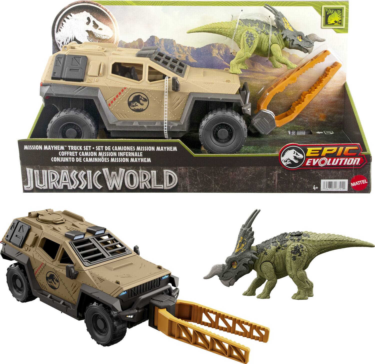 The text on the image is:

"MISSION MAYHEM" TRUCK SET - SET DE CAMIONES MISSION MAYHEM
COFFRET CAMION MISSION INFERNALE
CONJUNTO DE CAMIONES MISSION MAYHEM
JURASSIC WORLD EPIC EVOLUTION
MATTEL 4+"

Corrected and grouped text:

"MISSION MAYHEM TRUCK SET - SET DE CAMIONES MISSION MAYHEM
COFFRET CAMION MISSION INFERNALE
CONJUNTO DE CAMIONES MISSION MAYHEM
JURASSIC WORLD EPIC EVOLUTION
MATTEL 4+"