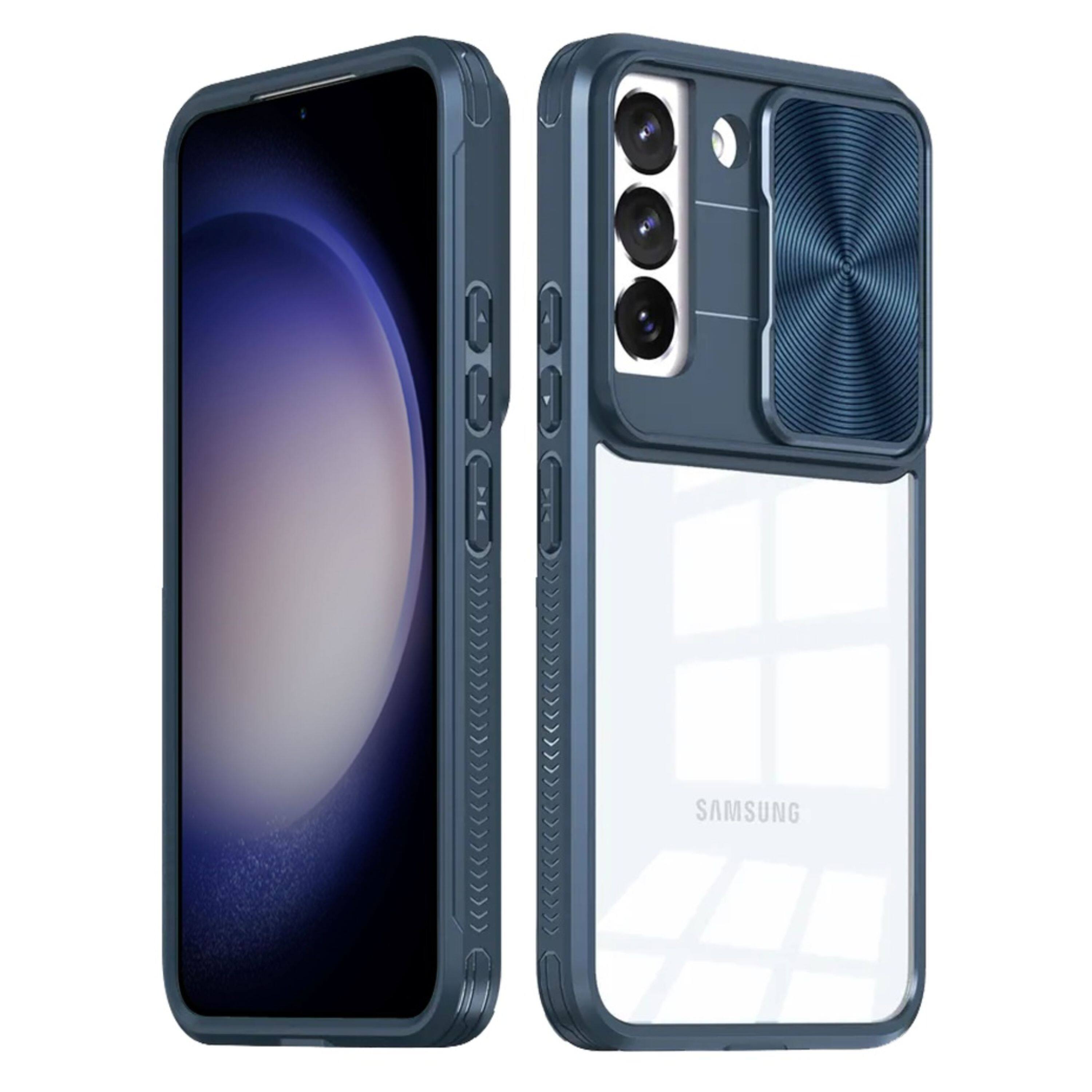 Angle. Kitcheniva - Hybrid Rear Lens Sliding Cover Phone Case With Tempered Glass For Samsung Galaxy S23 FE 5G Blue - Blue.