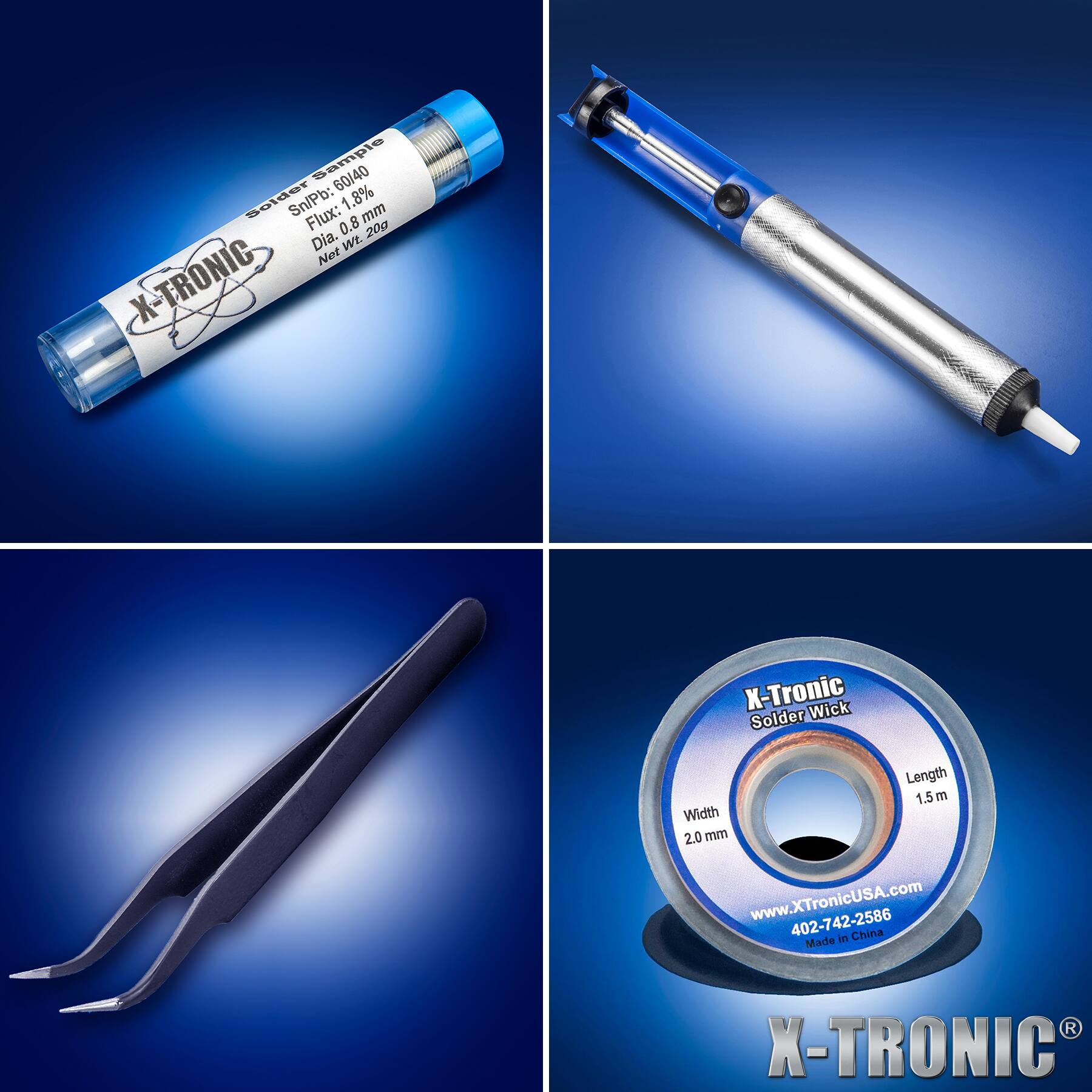 Sample 60/40 Solder Sn/Pb: 1.8% mm Flux: 0.8 20g Dia. Wt. Net

X-TRONIC K-
X-Tronic Solder Wick
Length 1.5m m Width 2.0 mm
www.XTronicUSA.com
402-742-2586
Made in China

X-TRONIC