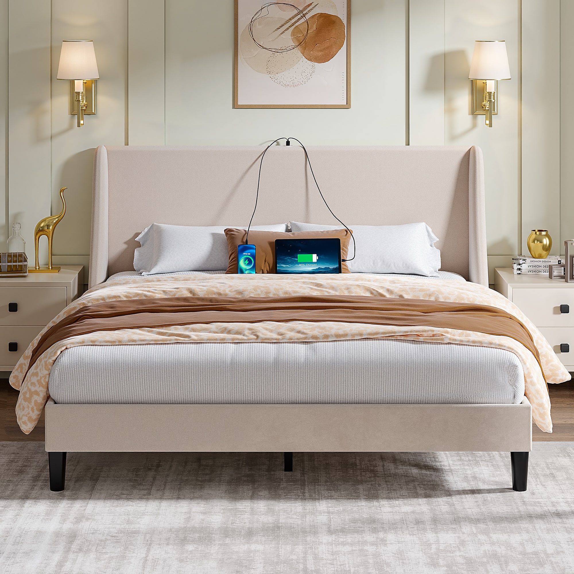 Vecelo - Upholstered Bed Frame with Headboard and Wingback, Full Size Bed Frame, Platform Bed with USB, and Type-C Ports - Beige