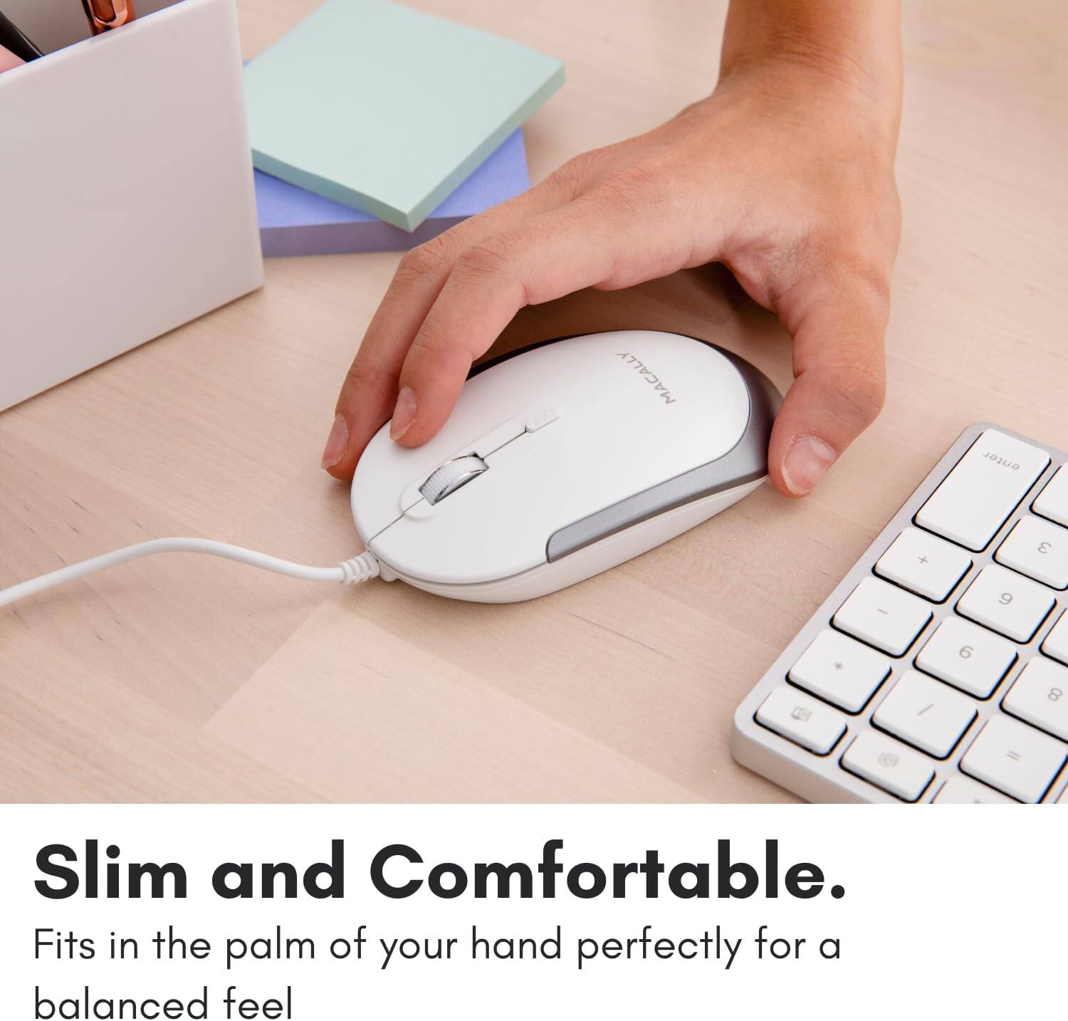 Slim and Comfortable.  
Fits in the palm of your hand perfectly for a balanced feel.