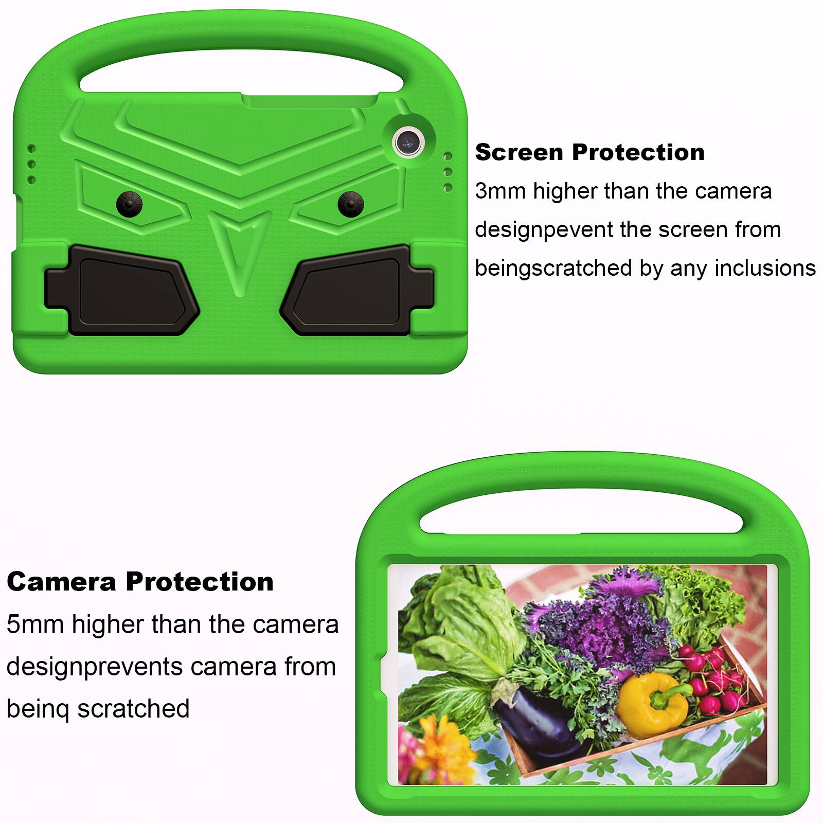 Screen Protection  
3mm higher than the camera design prevents the screen from being scratched by any inclusions  

Camera Protection  
5mm higher than the camera design prevents the camera from being scratched