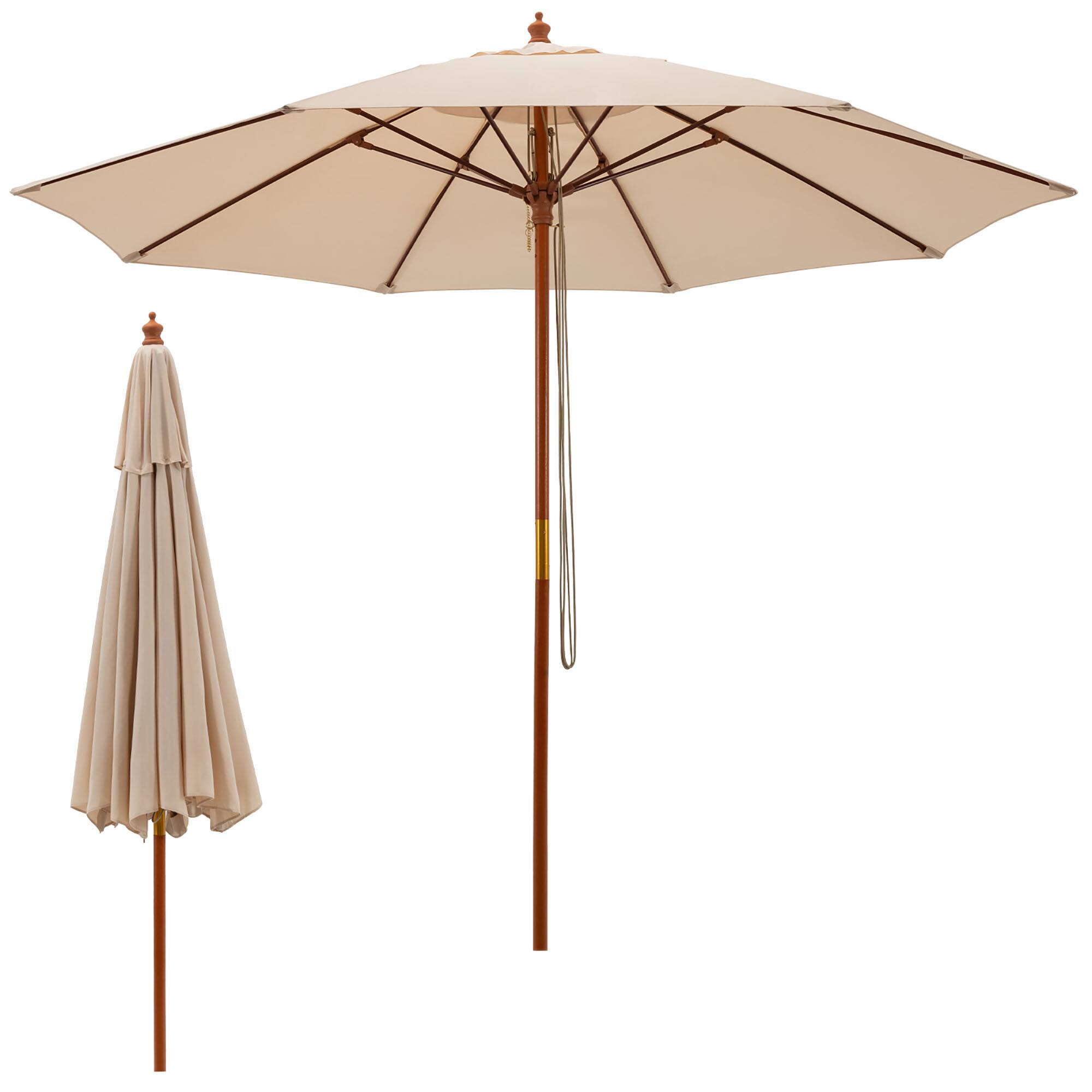 Gymax - 9.5 FT Rope Pulley Wooden Umbrella Market w/ Fiberglass Ribs Patio - Beige