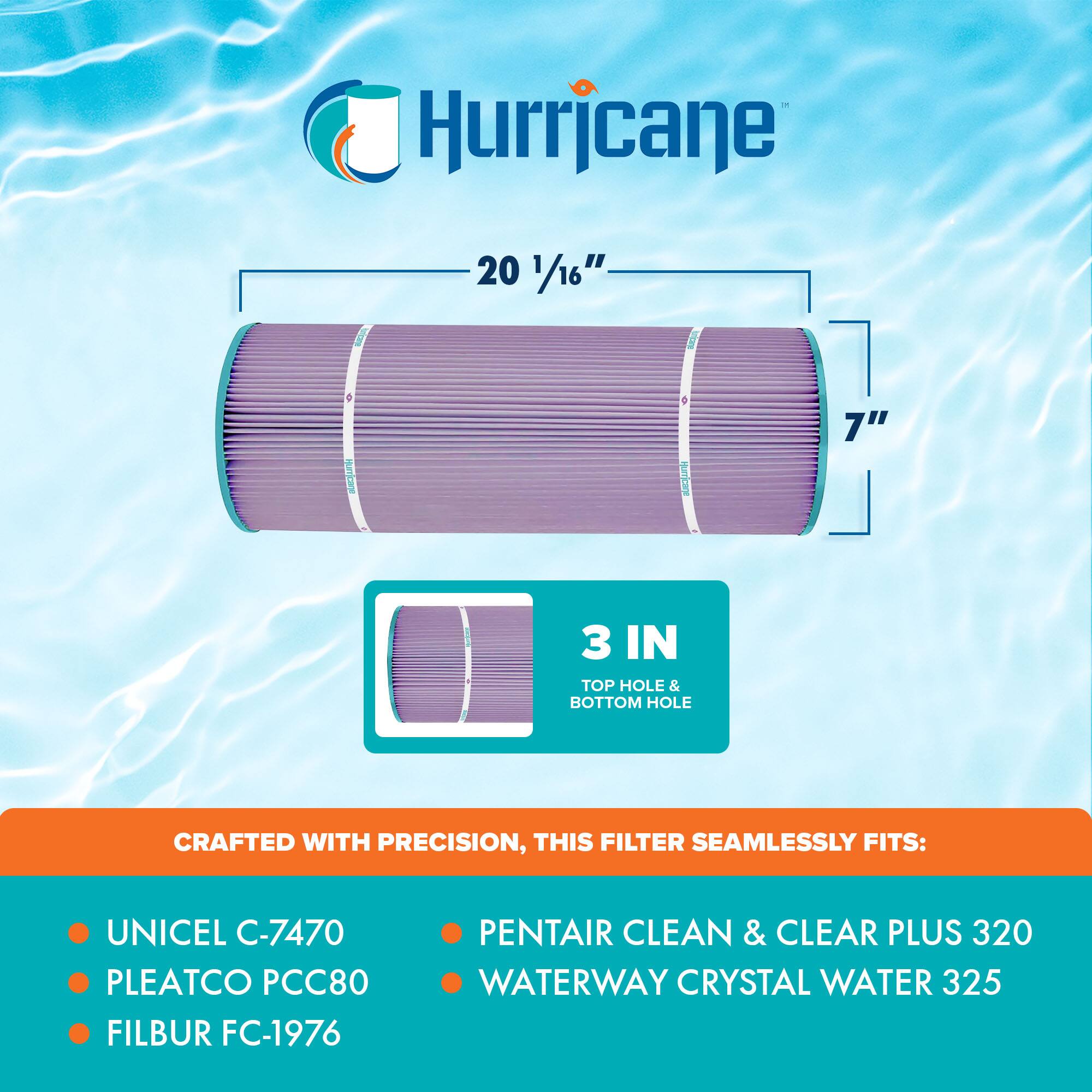 Hurricane

20 1/16" x 7"  
3 IN TOP HOLE & BOTTOM HOLE

CRAFTED WITH PRECISION, THIS FILTER SEAMLESSLY FITS:

- UNICEL C-7470
- PLEATCO PCC80
- FILBUR FC-1976
- PENTAIR CLEAN & CLEAR PLUS 320
- WATERWAY CRYSTAL WATER 325