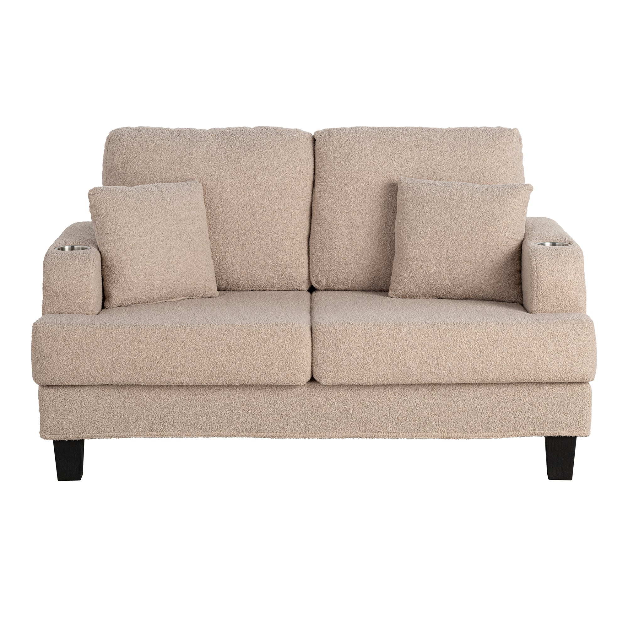 Vaczon - 60" Loveseat Sofa with 2 Cup Holders and 2 Throw Pillows, Modern Upholstered 2-Seater Couch for Living Room or Apartment - Beige