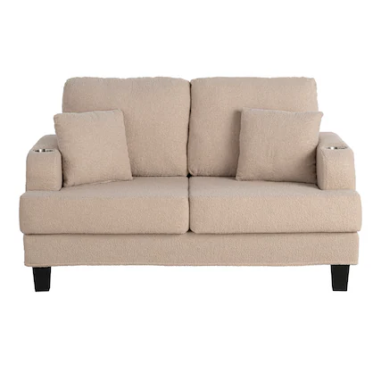 Front. Vaczon - 60" Loveseat Sofa with 2 Cup Holders and 2 Throw Pillows, Modern Upholstered 2-Seater Couch for Living Room or Apartment - Beige.