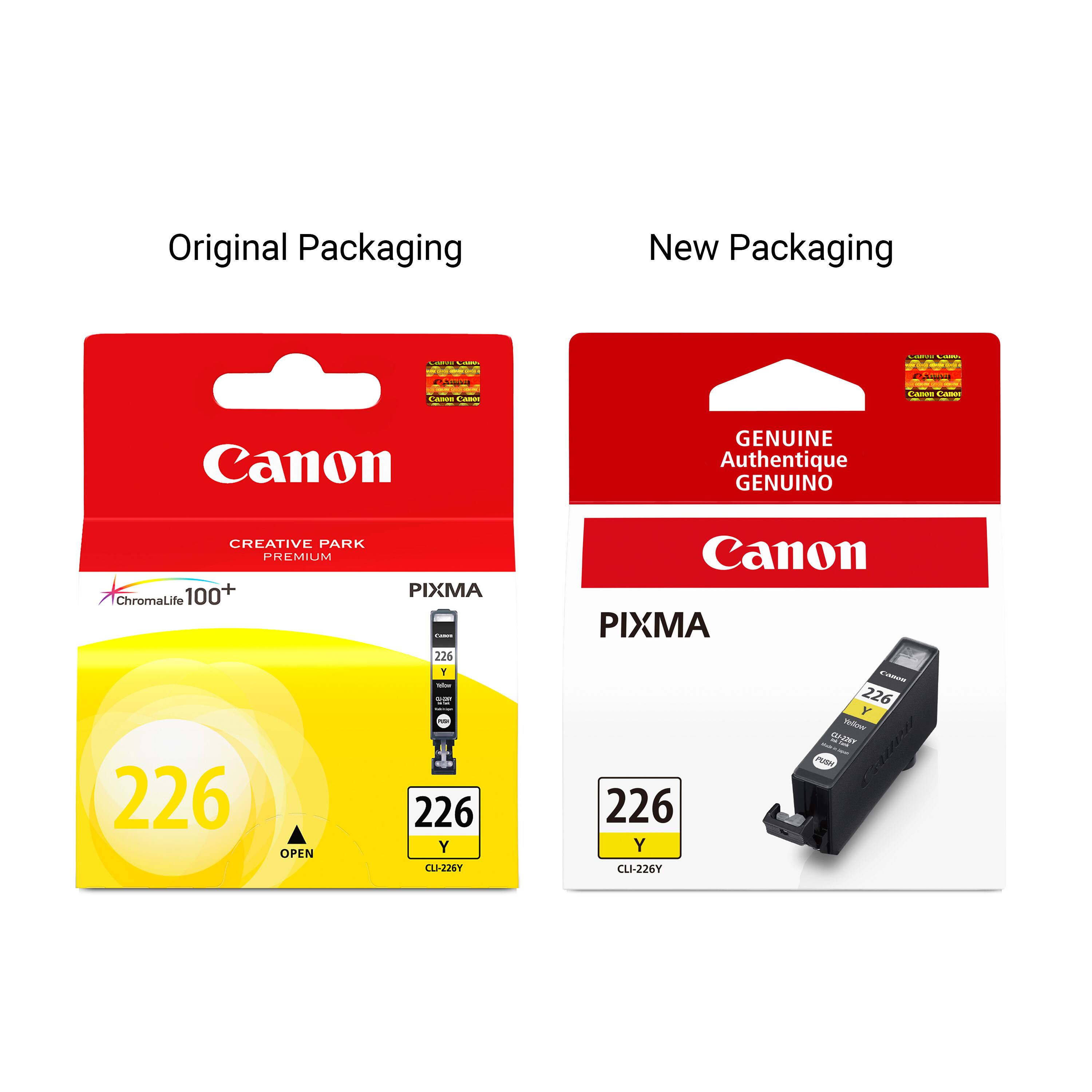 Original Packaging
New Packaging
Calories CARDINGS
CARVE CALORIES
Canon
Canon
Canon
GENUINE Authentique GENUINO
CREATIVE PARK PREMIUM ChromaLife 100+ 226 OPEN
PIXMA Famm 226 Y any 226 Y CU-226Y
Canon PIXMA Canos 226 Yellow - C15-2020 - PUSH 226 Y CLI-226Y
