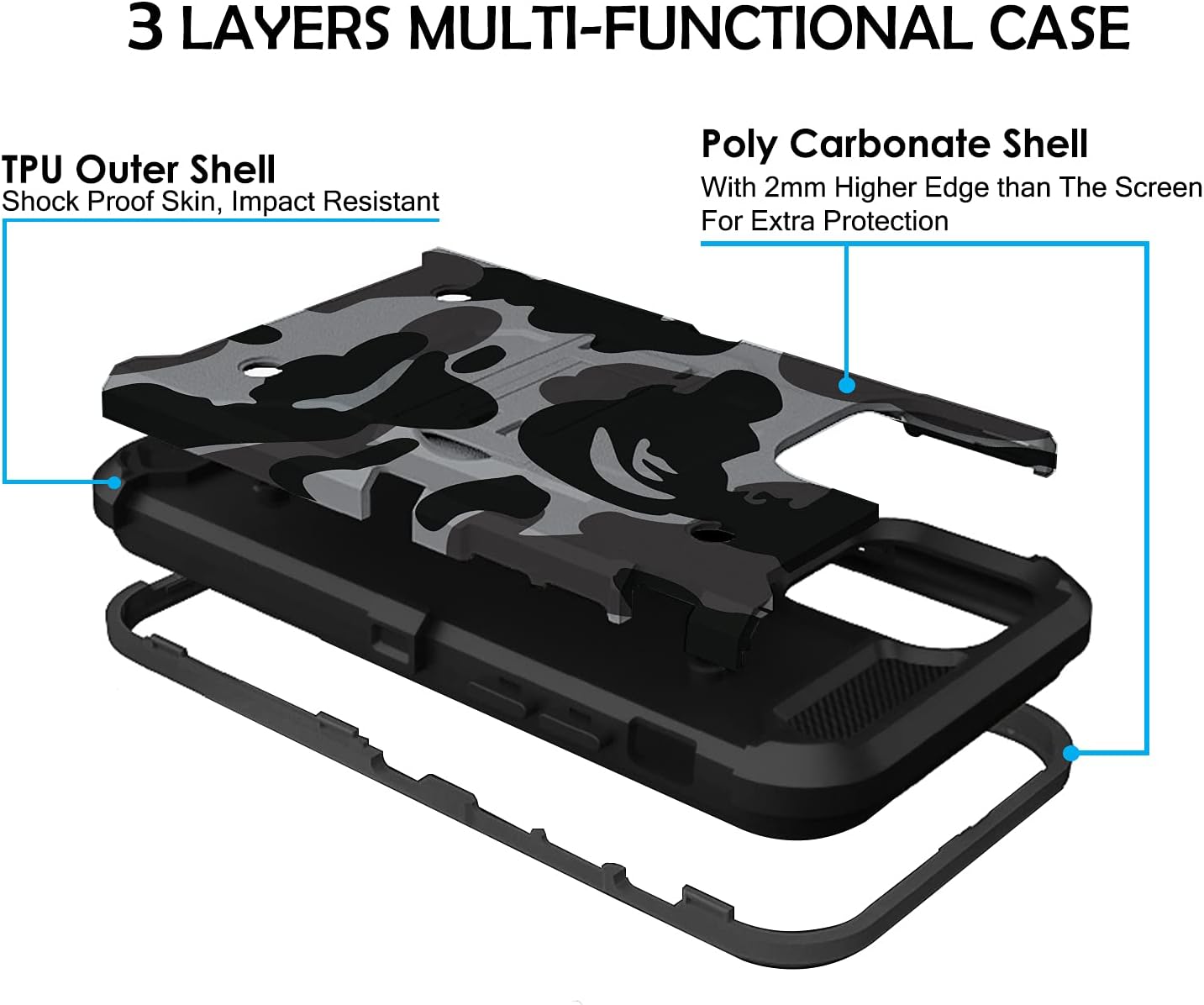 3 LAYERS MULTI-FUNCTIONAL CASE

TPU Outer Shell
Shock Proof Skin, Impact Resistant

Poly Carbonate Shell
With 2mm Higher Edge than The Screen For Extra Protection