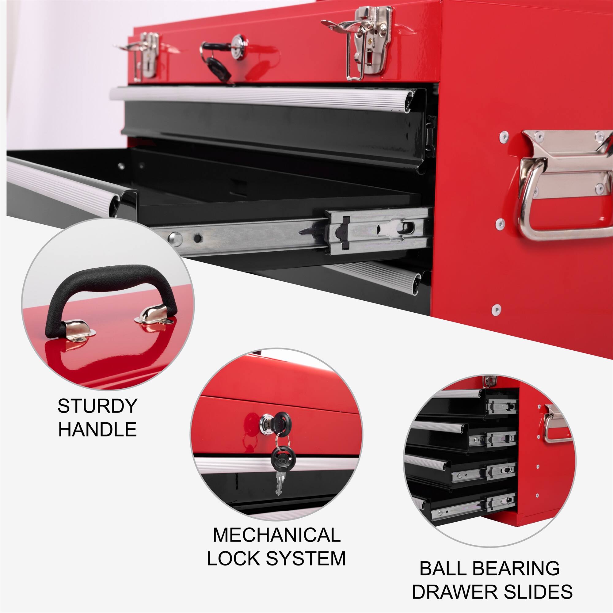 STURDY HANDLE  
MECHANICAL LOCK SYSTEM  
BALL BEARING DRAWER SLIDES