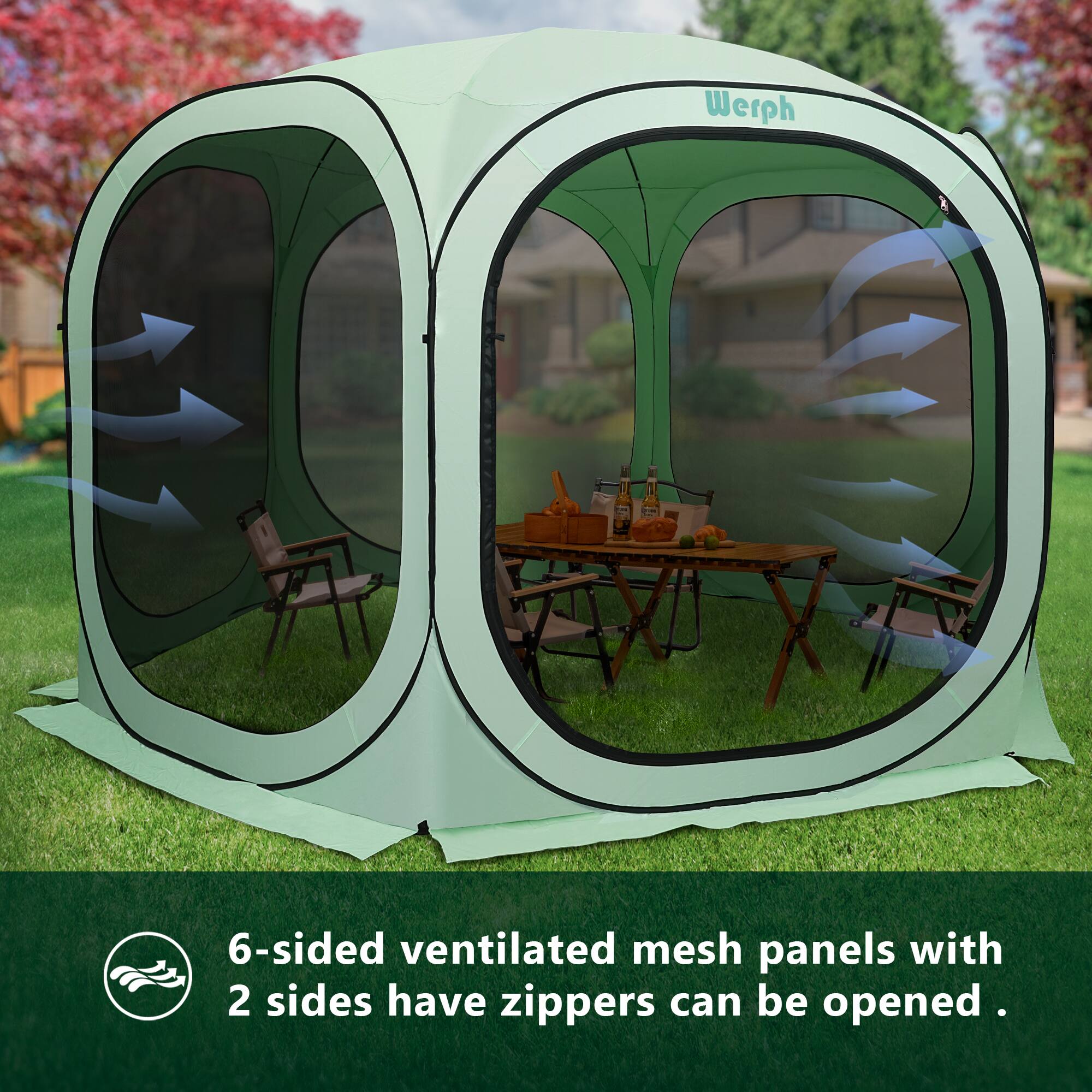 6-sided ventilated mesh panels with 2 sides have zippers can be opened.