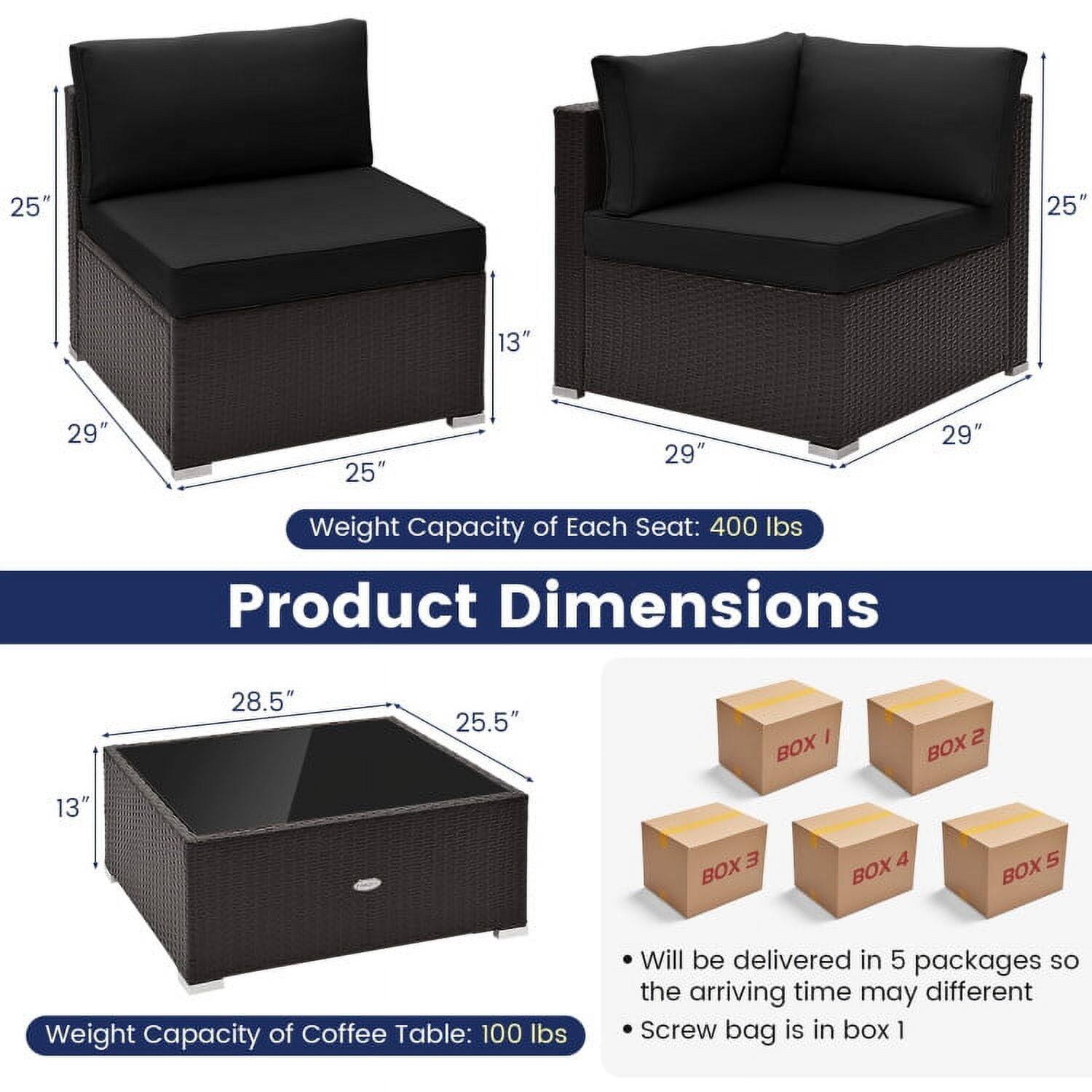 25" 25" 13" 29" 25" 29" 29"  
Weight Capacity of Each Seat: 400 lbs  
Product Dimensions: 28.5" 25.5" 13"  
Weight Capacity of Coffee Table: 100 lbs  
Will be delivered in 5 packages so the arriving time may differ  
Screw bag is in box 1
