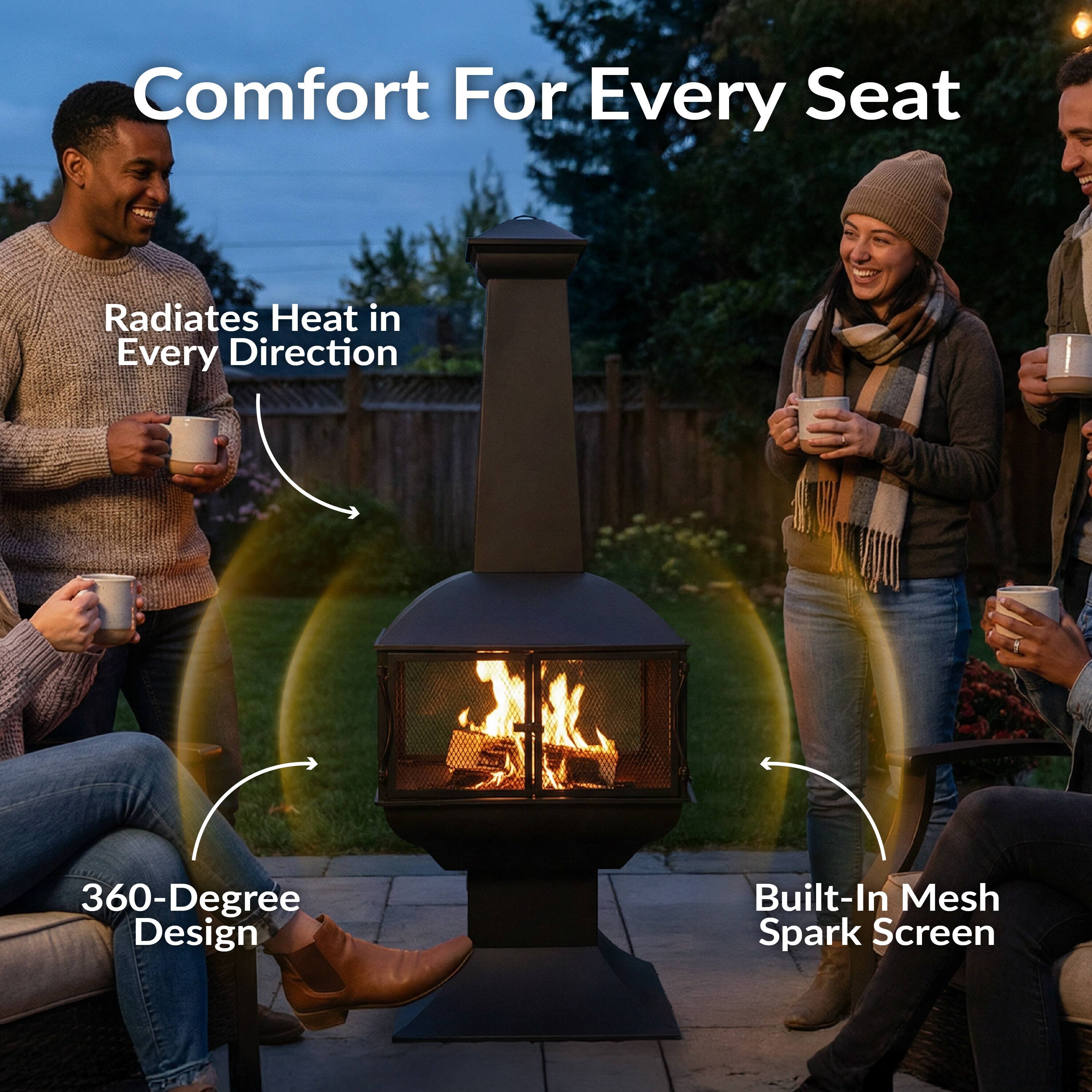 Comfort For Every Seat  
Radiates Heat in Every Direction  
360-Degree Design  
Built-In Mesh Spark Screen