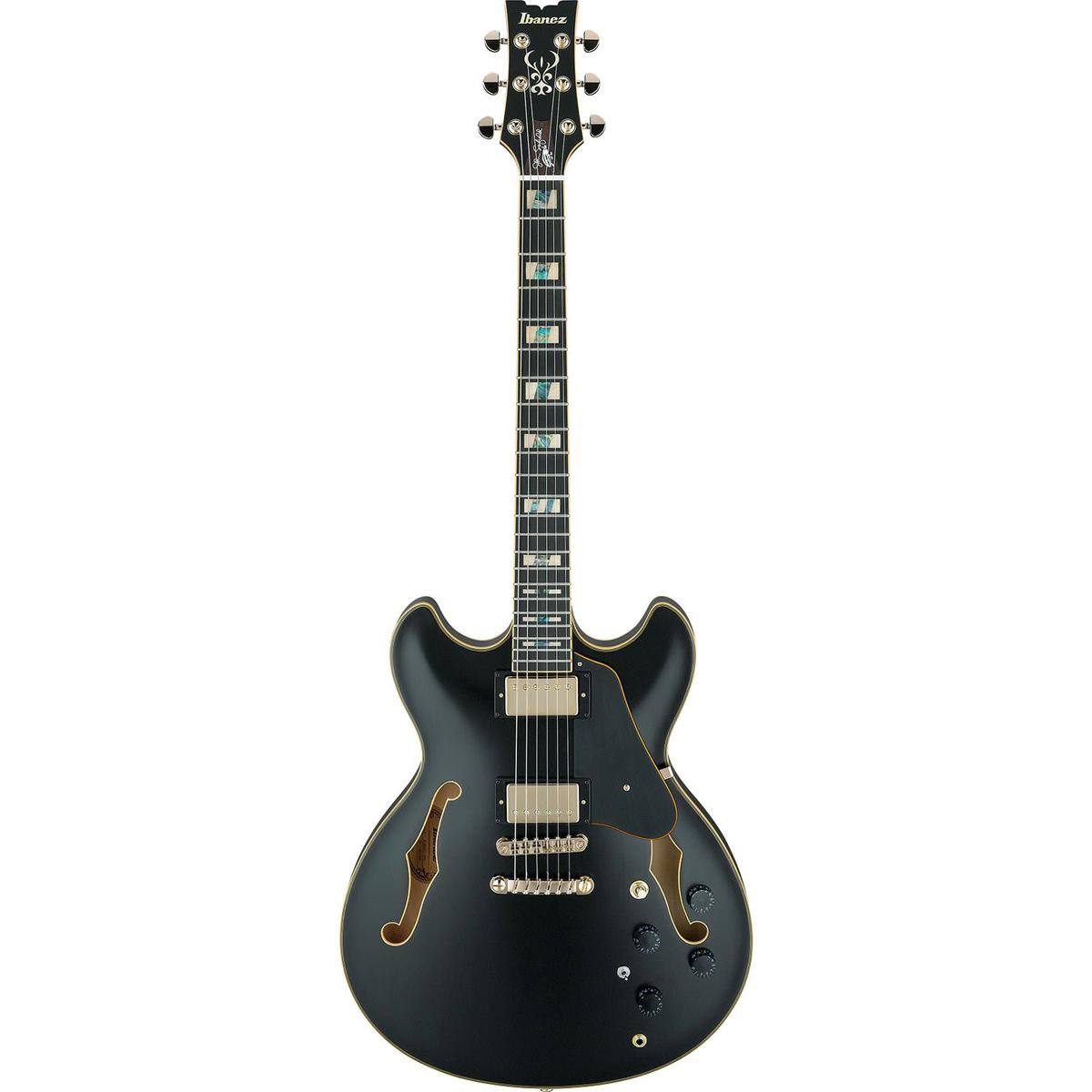 Front. Ibanez - Ibanez John Scofield Signature JSM20 Electric Guitar with Case, Ebony Fretboard, Black Low Gloss.