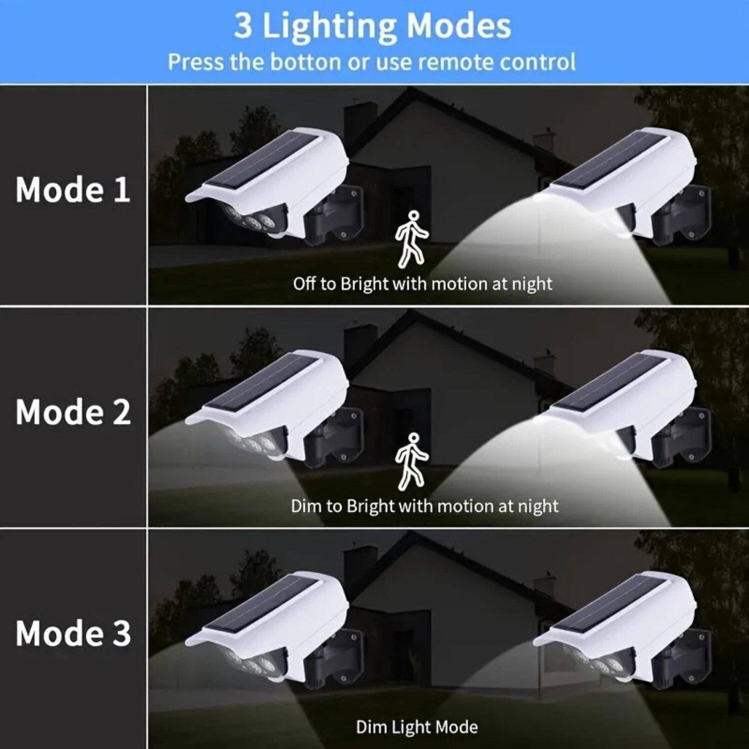 3 Lighting Modes  
Press the button or use remote control  

Mode 1  
Off to Bright with motion at night  

Mode 2  
Dim to Bright with motion at night  

Mode 3  
Dim Light Mode