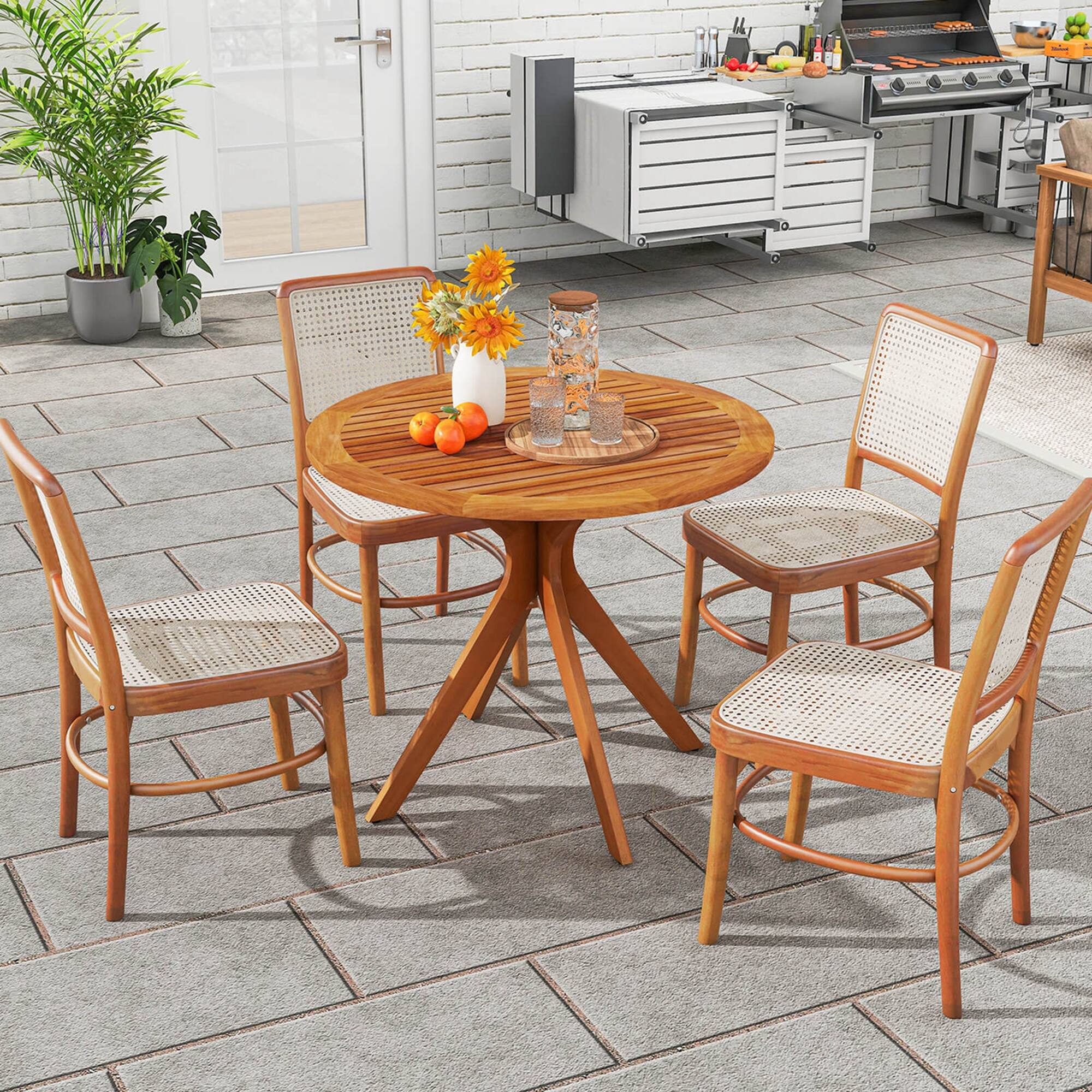 Back. Costway - 35.5 Inch Patio Wood Dining Table with Slatted Tabletop & Curved Legs for Backyard - Natural.