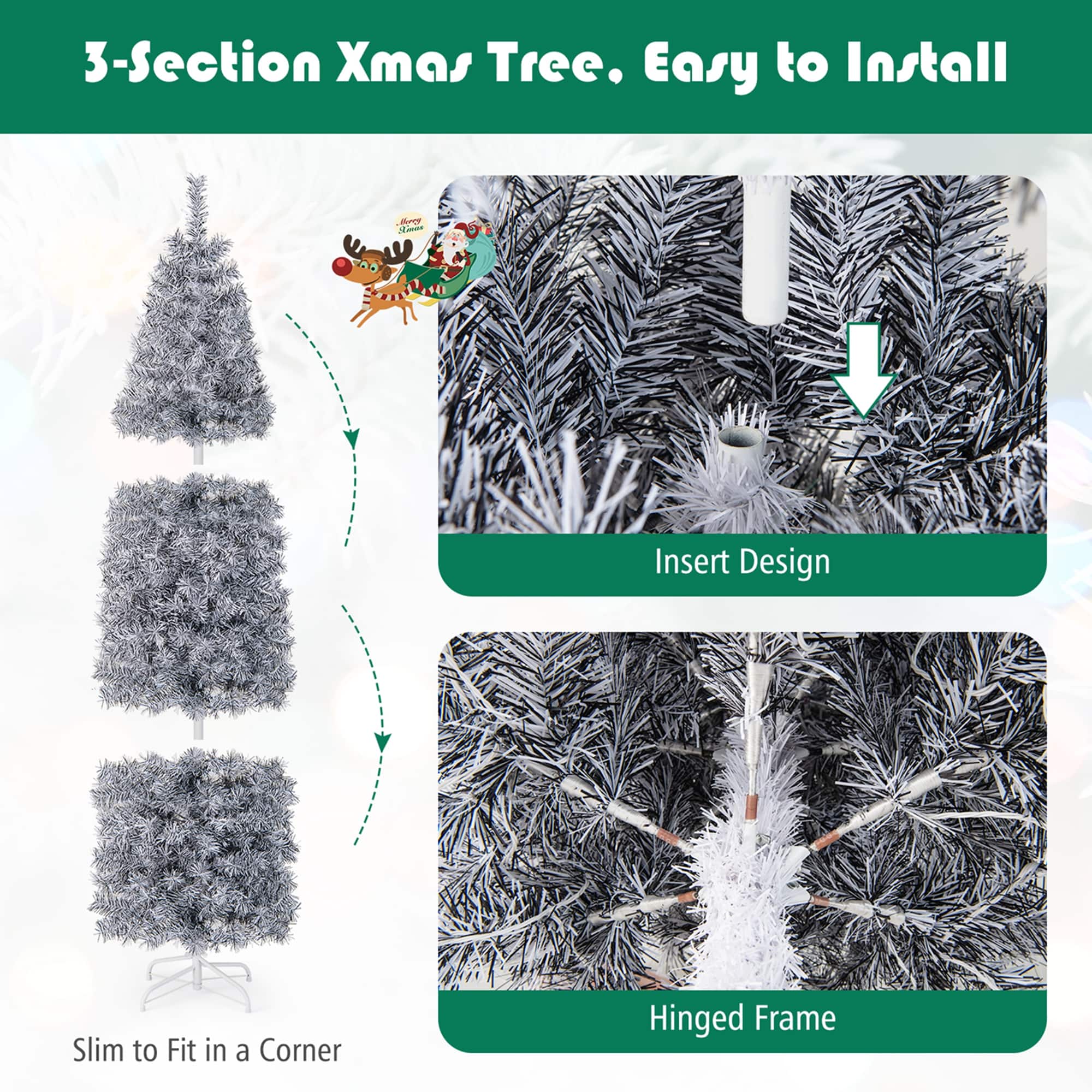 3-Section Xmas Tree. Easy to Install. Insert Design. Slim to Fit in a Corner. Hinged Frame.