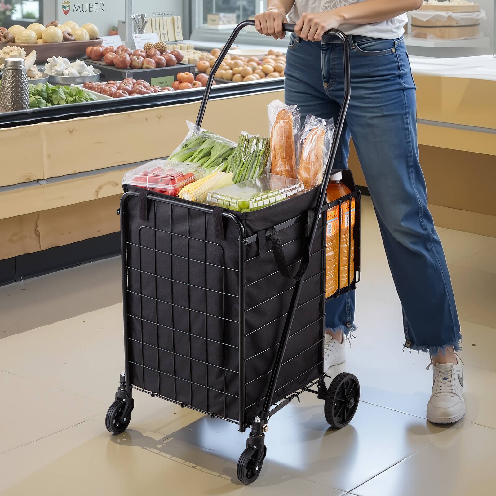 Left. LOVMOR - Folding Shopping Cart with Dual Baskets and Waterproof Liner, 100-Lb Capacity Utility Cart - Black.
