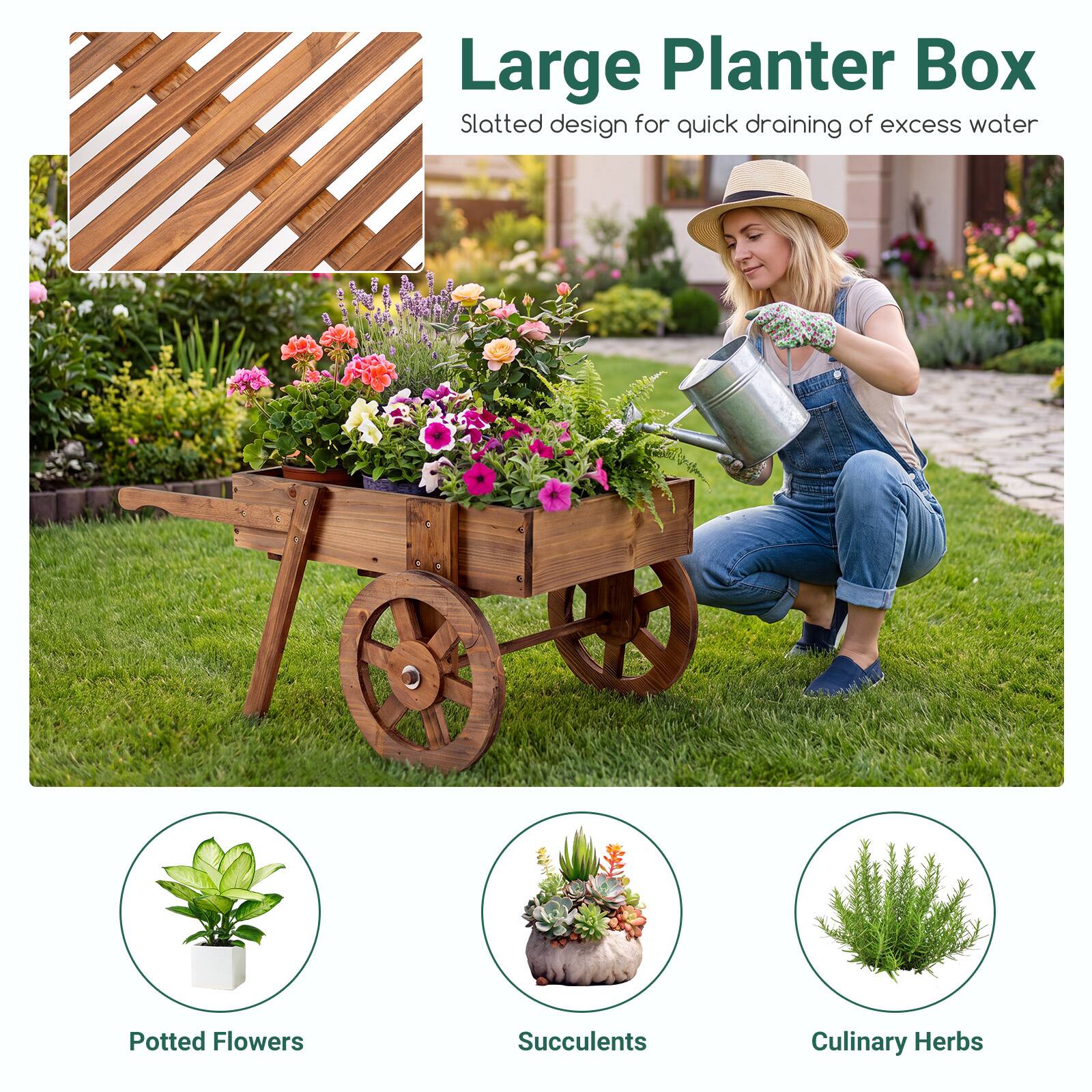 Large Planter Box  
Slatted design for quick draining of excess water  

Potted Flowers  
Succulents  
Culinary Herbs