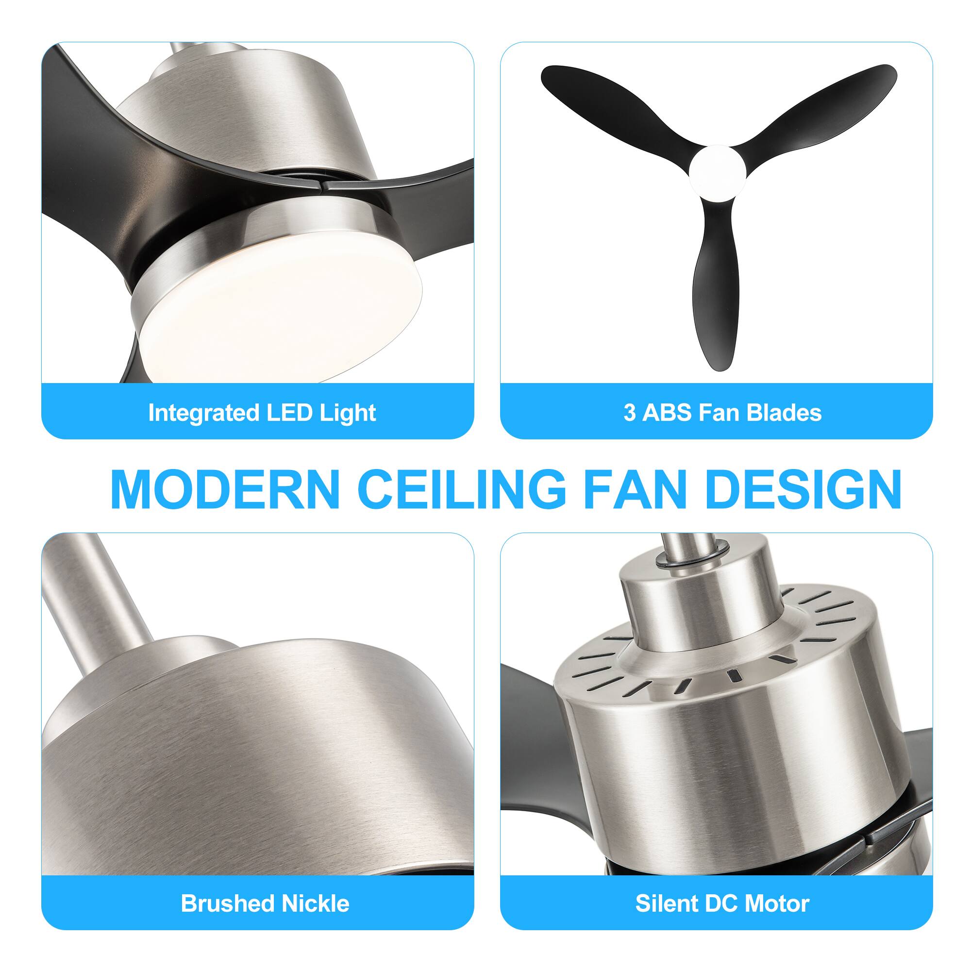 MODERN CEILING FAN DESIGN, Integrated LED Light, 3 ABS Fan Blades, Brushed Nickle, Silent DC Motor