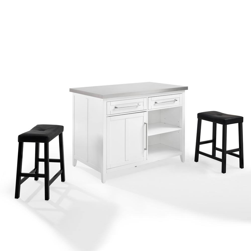 Alt View 4. Crosley Furniture - Silvia Stainless Steel Top Island W/Uph Saddle Stools, Kitchen Island & 2 Stools - White.