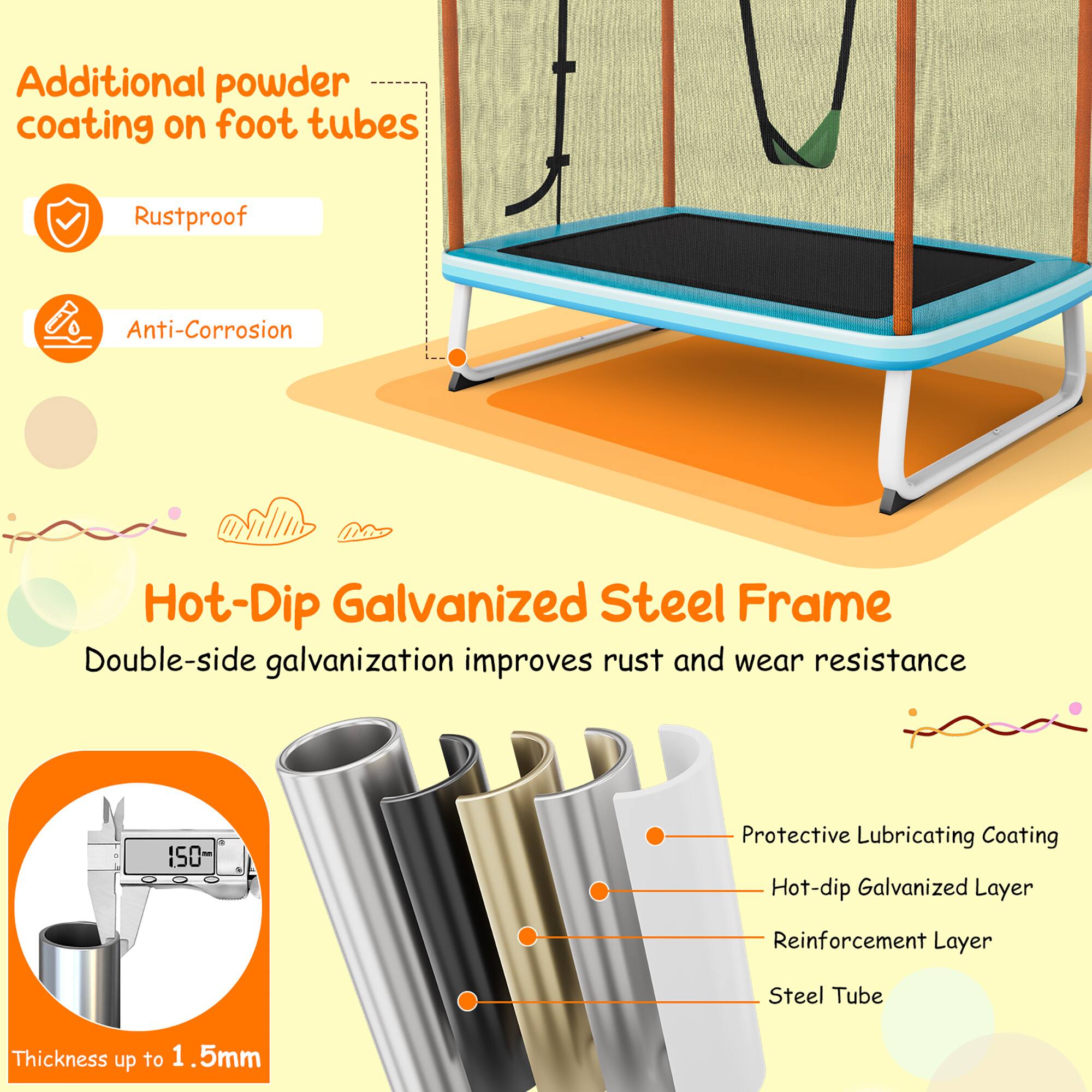 Additional powder coating on foot tubes

- Rustproof
- Anti-Corrosion

Hot-Dip Galvanized Steel Frame

Double-side galvanization improves rust and wear resistance

- Protective Lubricating Coating
- Hot-dip Galvanized Layer
- Reinforcement Layer
- Steel Tube

Thickness up to 1.5mm
