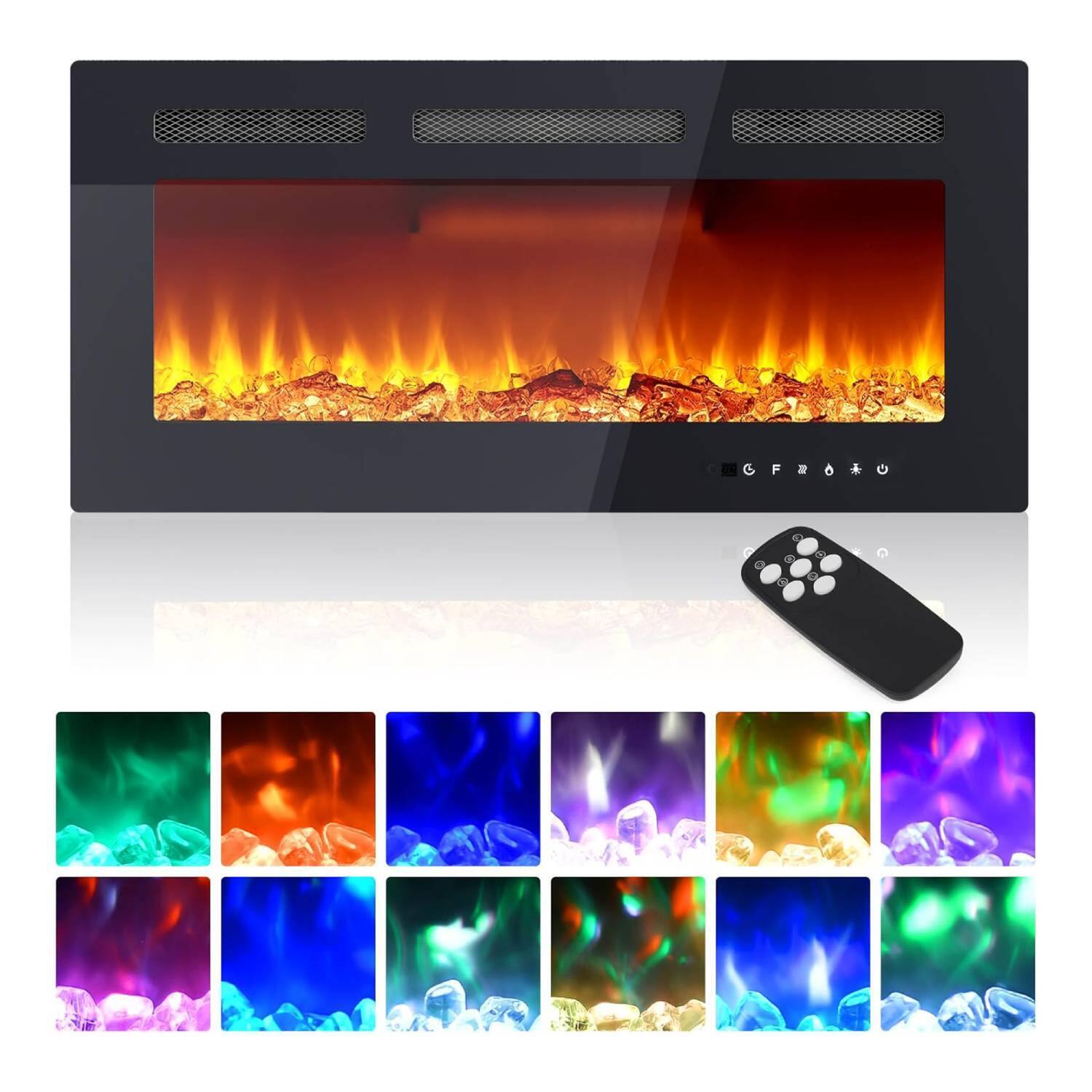 Front. Qeetex - Modern 36 Inch Wall Built-in Electric Fireplace Heater for Bedrooms, Living Room.