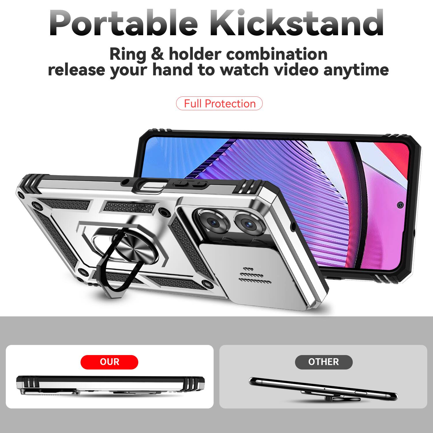 Portable Kickstand  
Ring & holder combination release your hand to watch video anytime  
Full Protection  

OUR  
OTHER