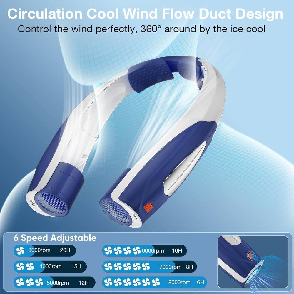 Circulation Cool Wind Flow Duct Design  
Control the wind perfectly, 360° around by the ice cool  

6 Speed Adjustable  
3000rpm 20H  
4000rpm 15H  
5000rpm 12H  
6000rpm 10H  
7000rpm 8H  
8000rpm 6H