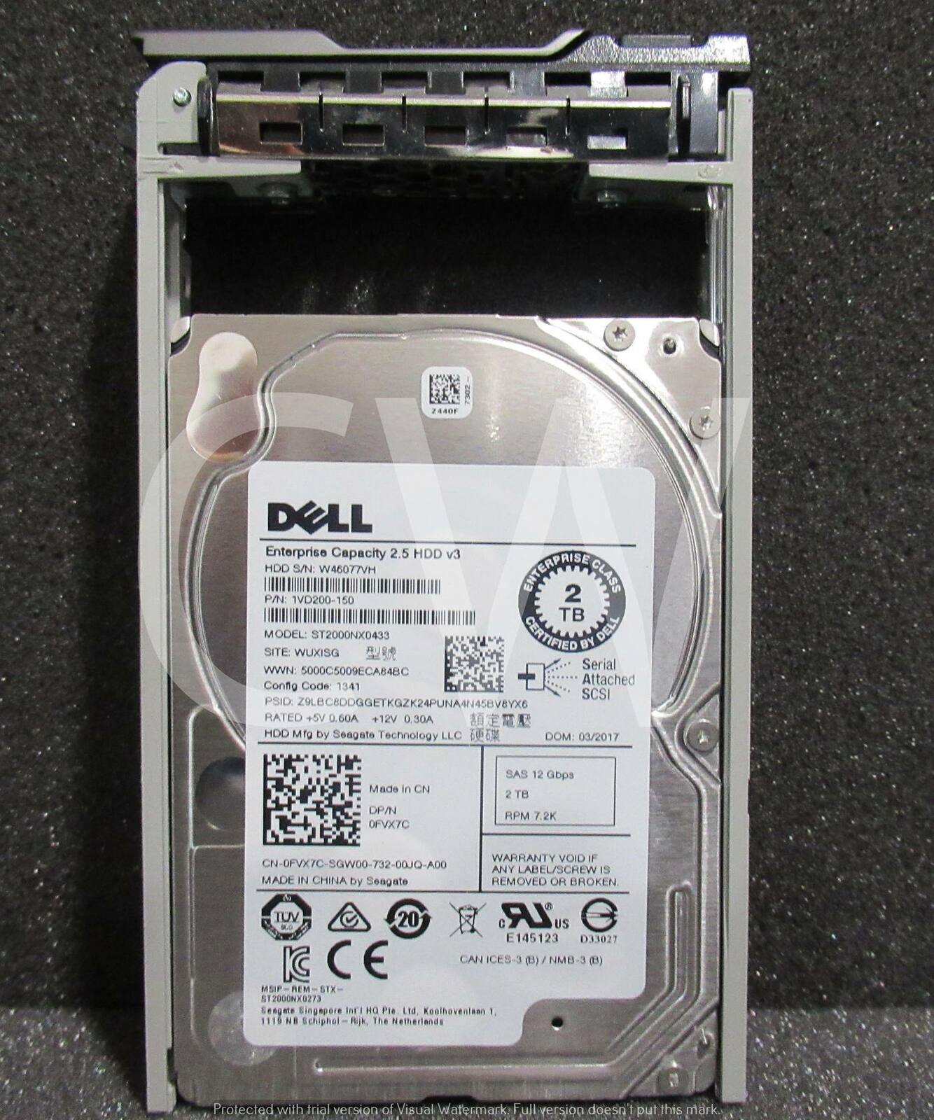 DELL Enterprise Capacity 2.5 HDD v3  
HDD S/N: W46077VH  
ENTERPRISE 2 CLASS  
P/N: 1VD200-150  
TB MODEL: ST2000NX0433  
CERTIFIED BY DELL  
SITE: WUXISG  
WWN: 5000C5009ECA848C  
Config Code: 1341  
SCSI PSID: Z9LBCBDDGGETKGZK24PUNA4N458V8YX6  
RATED: V2+ 0.60A +12V 0.30A  
HDD Mfg by Seagate Technology LLC  
DOM: 03/2017  
Made in CN  
DP/N: OFVX7C  
SAS 12 Gbps  
2 TB  
RPM: 7.2K  
WARRANTY VOID IF ANY LABEL/SCREW IS REMOVED OR BROKEN  
CN-OFVX7C-SGW00-732-00JO-A00  
MADE IN