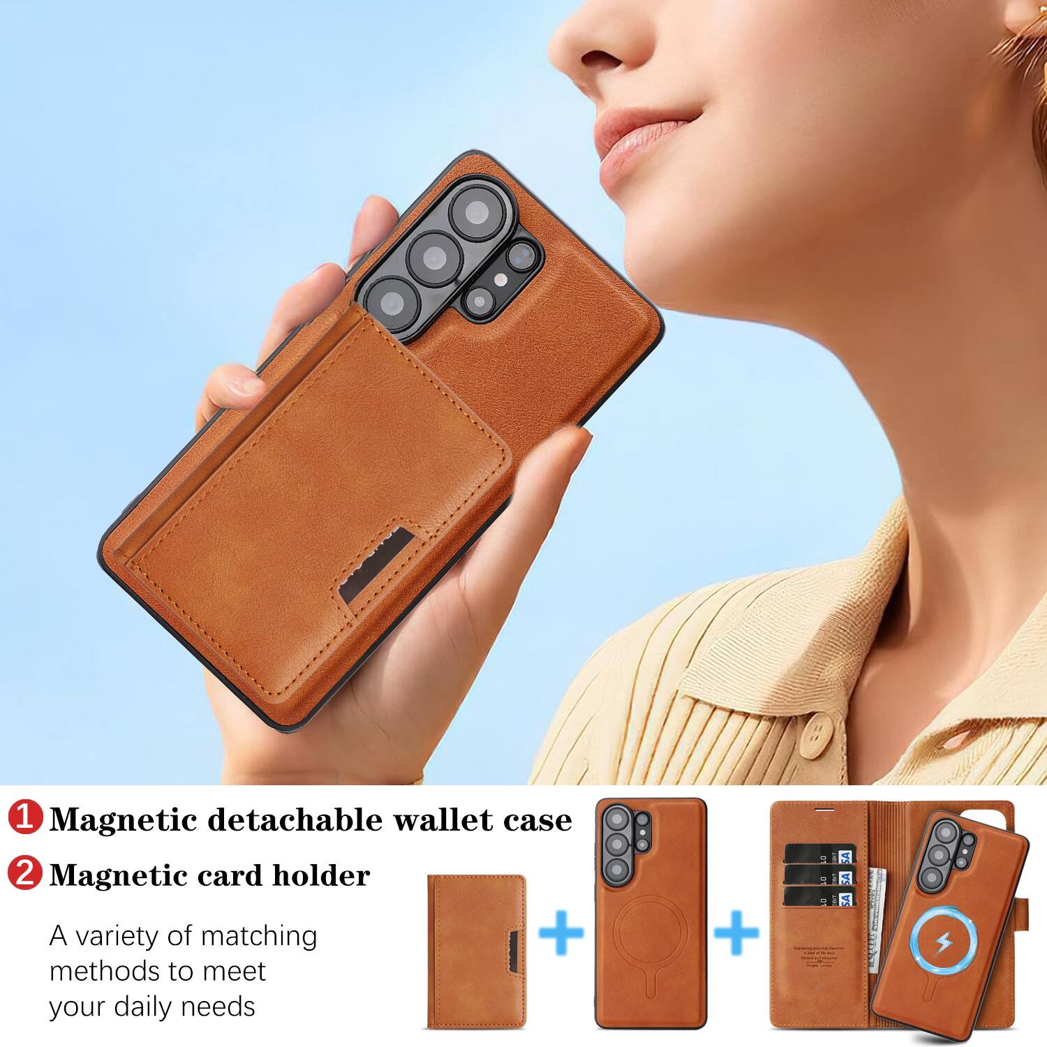 1. Magnetic detachable wallet case  
2. Magnetic card holder  

A variety of matching methods to meet your daily needs
