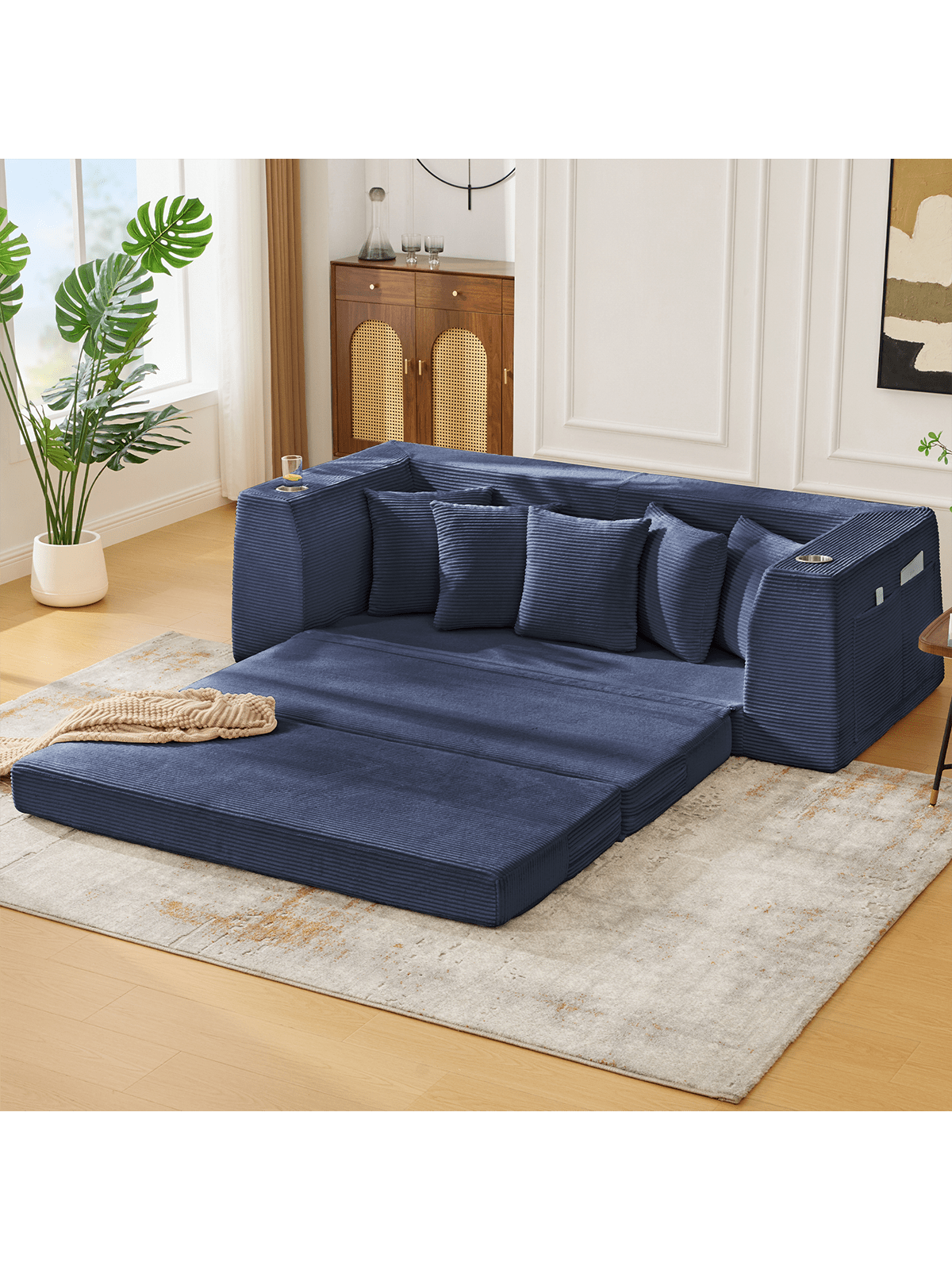 Back. Trinkets Crazed - 82.25" Convertible Sofa Bed, Loveseat Sleeper Sofa, 2 In 1 Sofa, Corduroy Pull Out Sofa Bed, 5 Pillows, Side Pocket - Blue.