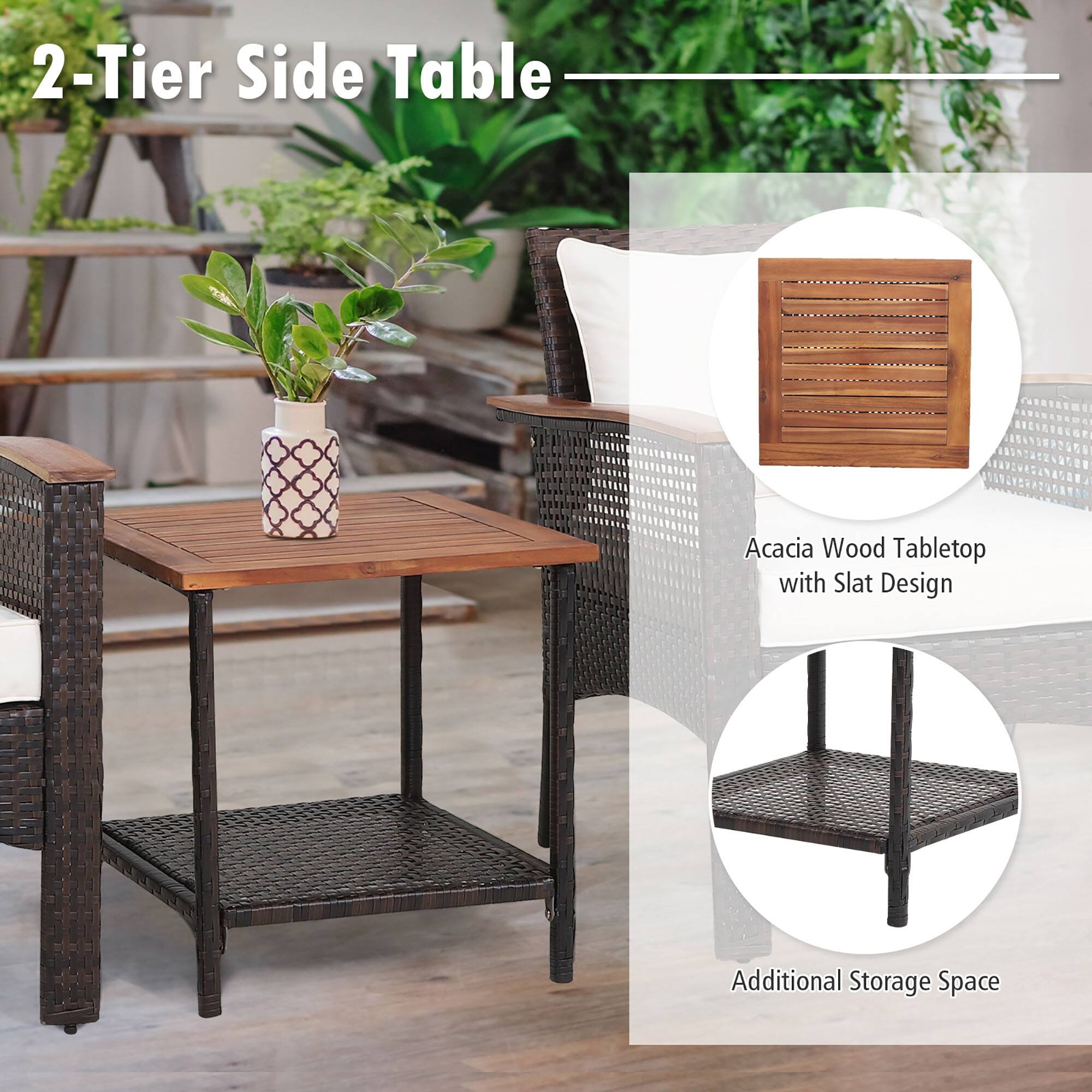 2-Tier Side Table
Acacia Wood Tabletop with Slat Design
Additional Storage Space