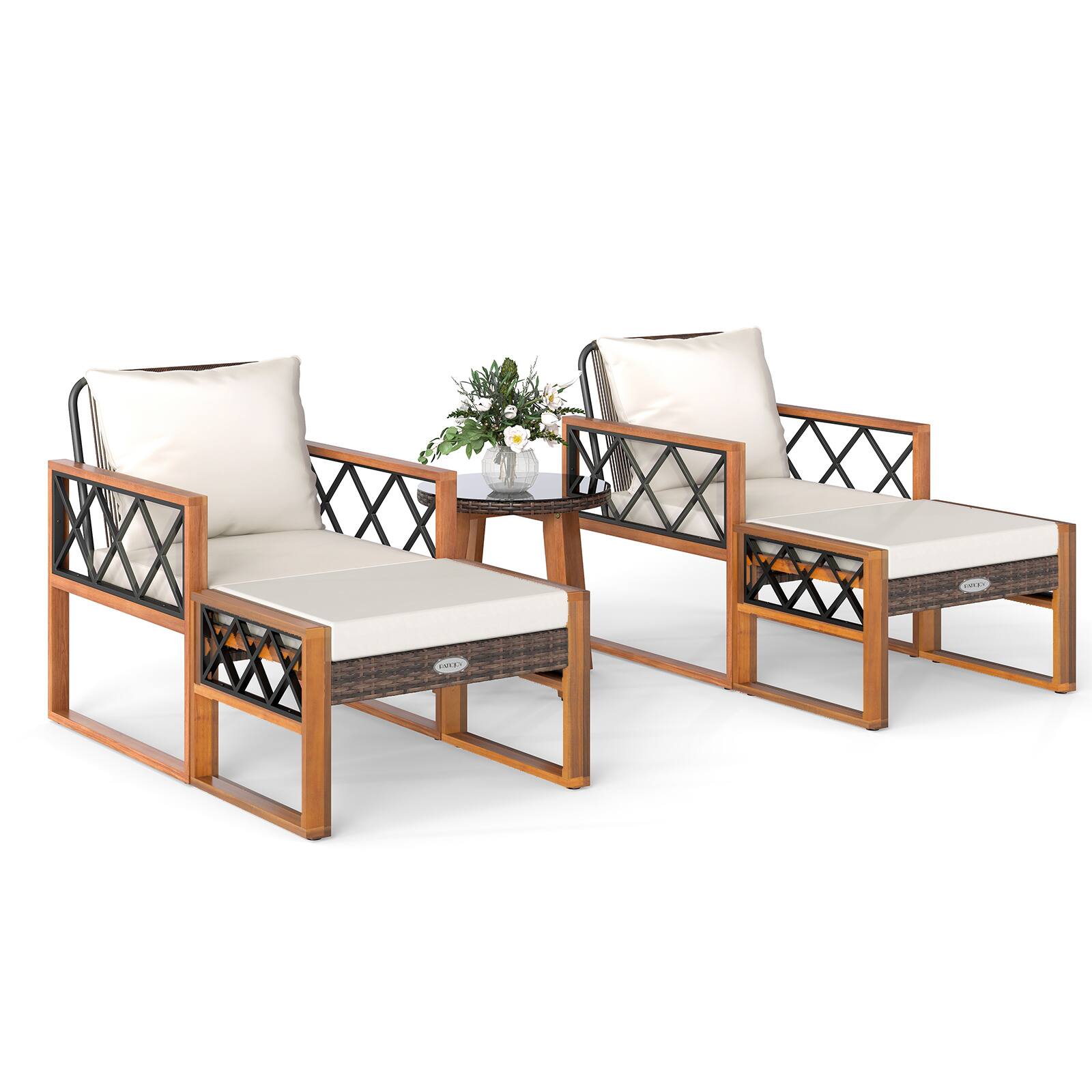Alt View 3. Gymax - Gymax 5 PCS PE Rattan  Conversation Set w/Acacia Wood Table Chairs w/Ottomans Outdoor Brown - Brown.