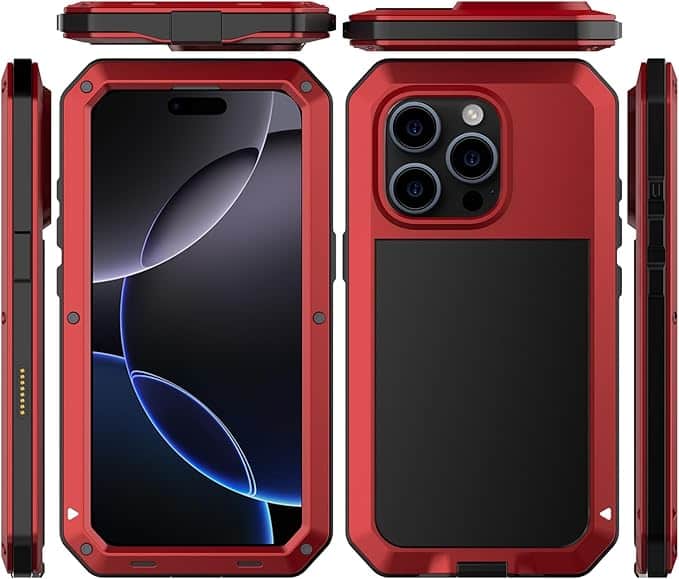 Gravity Ridge - for iPhone 13 Pro Max Metal Case 360 Full Body Protective Cover with Silicone Built-in Screen Aluminum Alloy Phone Case - Red
