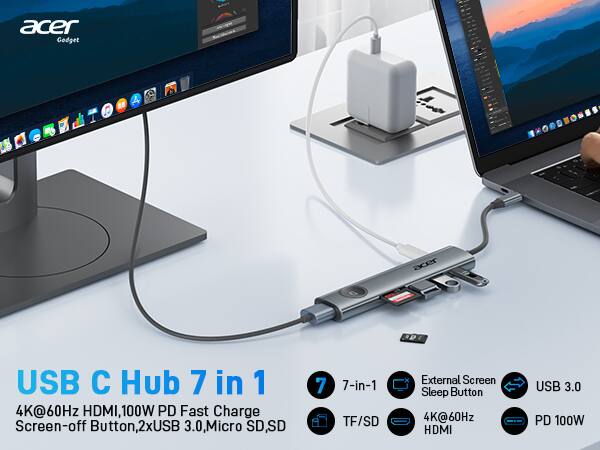 Acer Gadget

USB C Hub 7 in 1

4K@60Hz HDMI, 100W PD Fast Charge, Screen-off Button, 2xUSB 3.0, Micro SD, SD

7-in-1

TF/SD

External Screen Sleep Button

4K@60Hz HDMI

USB 3.0

PD 100W