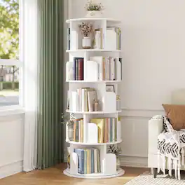 Aheaplus - 5-Tier Rotating Bookshelf, 360° Spinning Bookcase for Home and Office - White