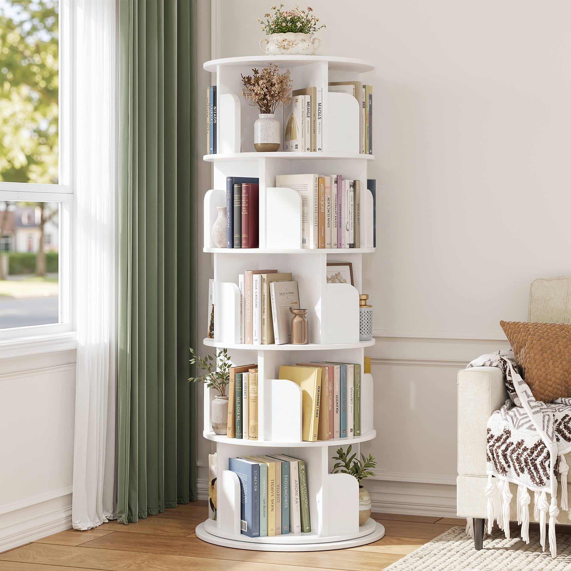 Aheaplus - 5-Tier Rotating Bookshelf, 360° Spinning Bookcase for Home and Office - White