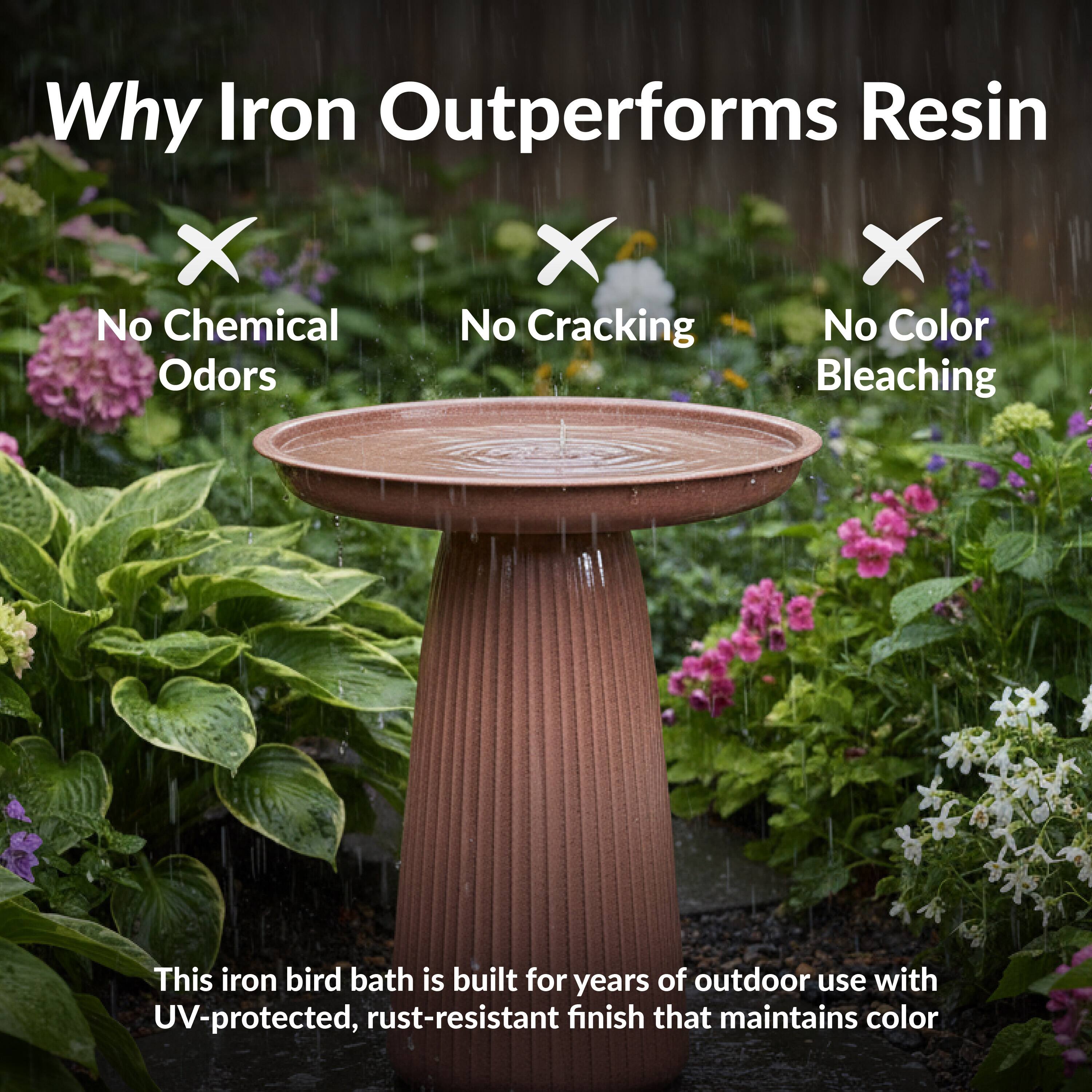 Why Iron Outperforms Resin  
No Chemical Odors  
No Cracking  
No Color Bleaching  

This iron bird bath is built for years of outdoor use with UV-protected, rust-resistant finish that maintains color