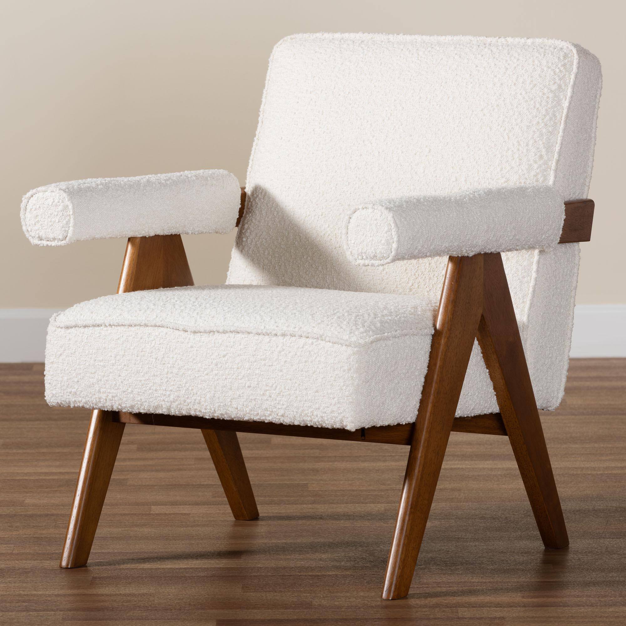 Alt View 5. Baxton Studio - Georgina Japandi Boucle and Walnut Wood Accent Chair - Cream/Walnut Brown.