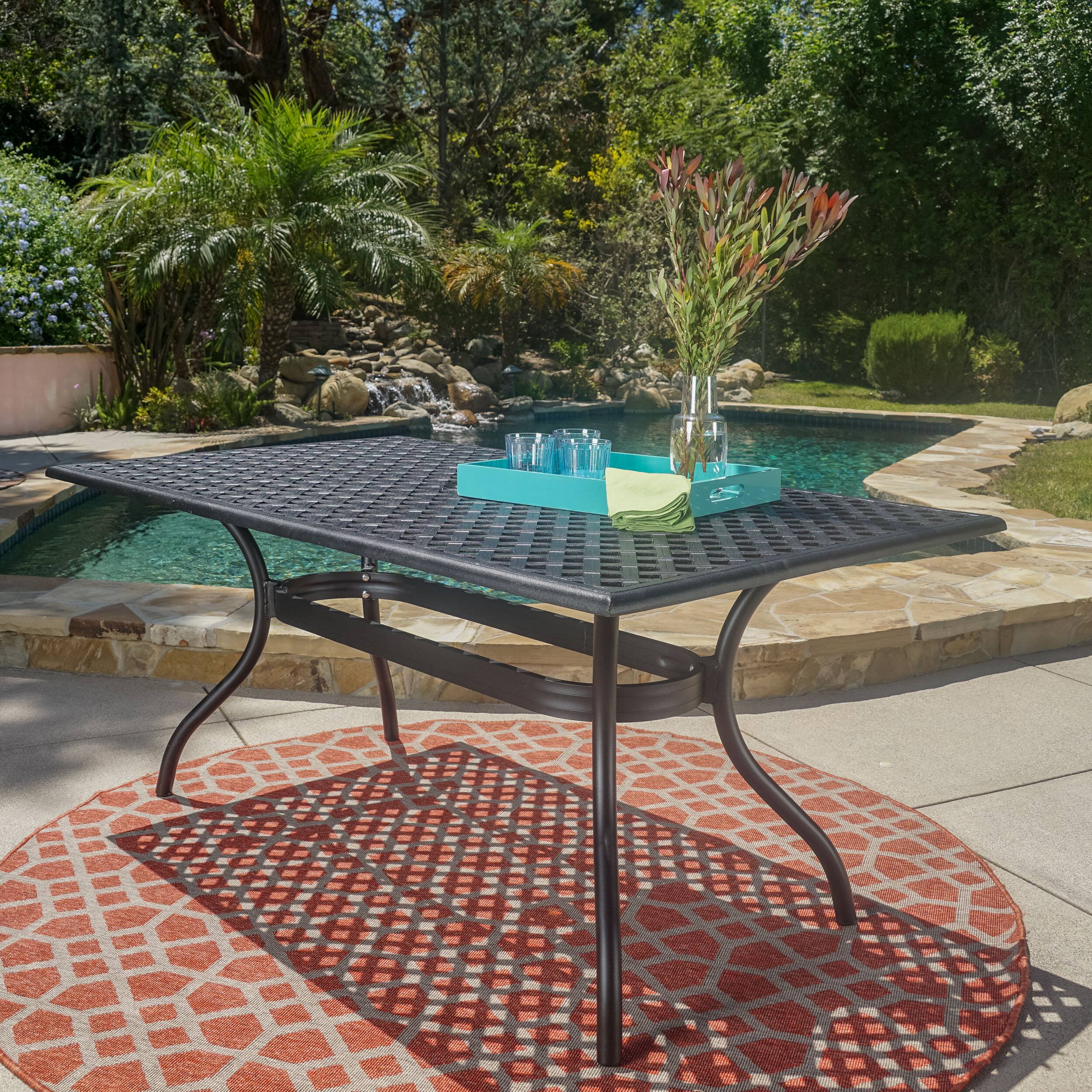 Front. APRILSOUL - Outdoor Aluminum Dining Table with Lattice Design and Center Umbrella Hole Black - Black.