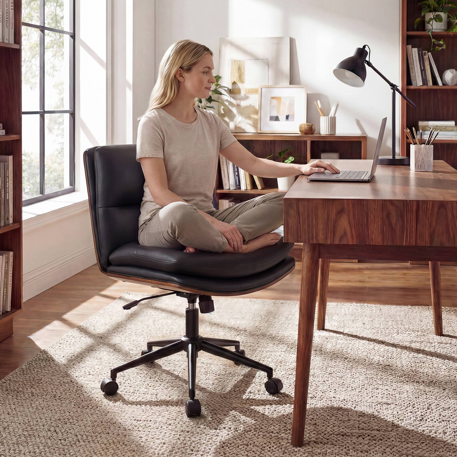 Alt View 1. Gymax - Gymax Armless Office Chair w/Wheels Curved Backrest Padded Seat Smooth Faux Leather Black - Black.