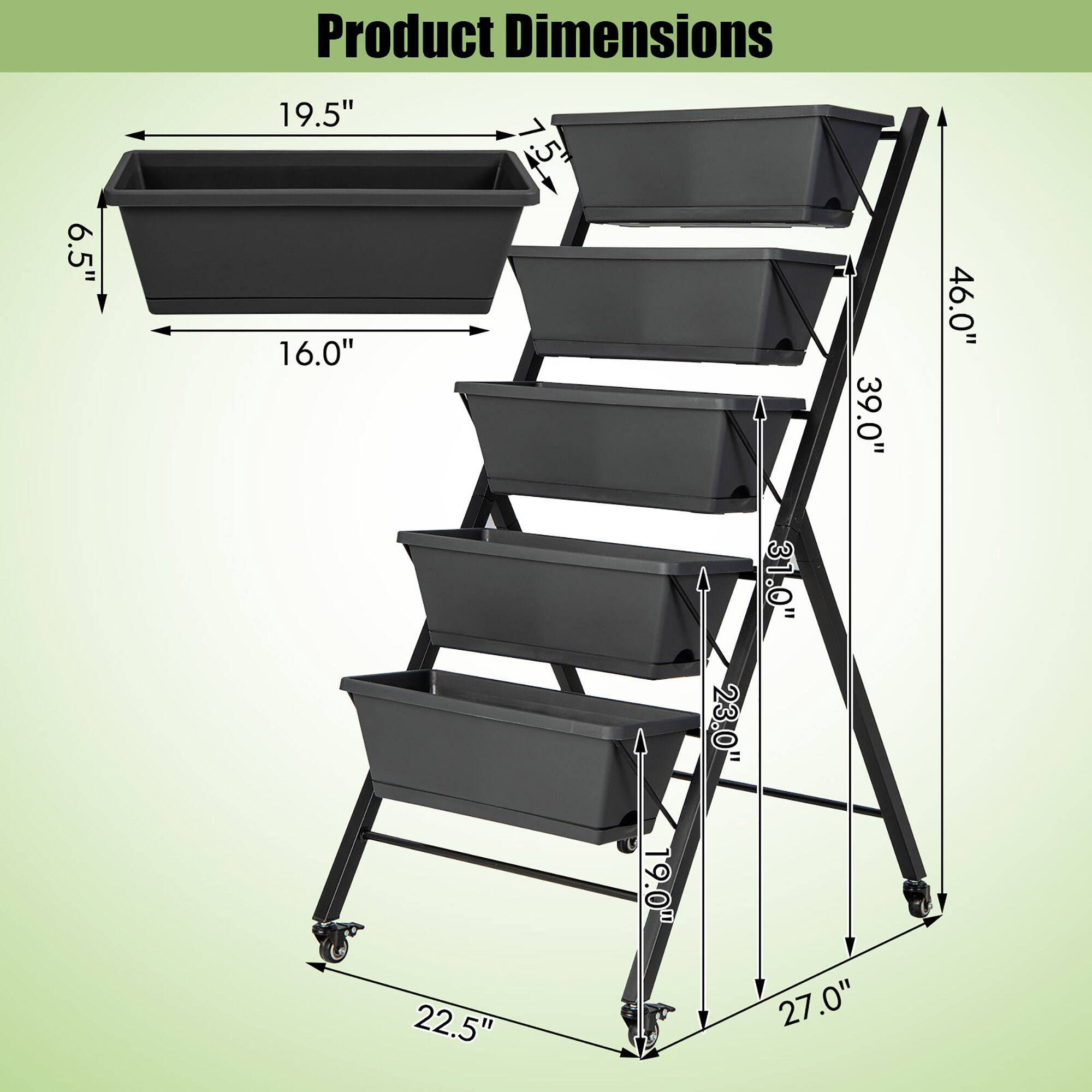 Product Dimensions: 6.5" x 19.5" x 16.0" (i.e., 16.5" x 16.0" x 16.0"), 39.0" x 46.0" x 23.0" (i.e., 46.0" x 23.0" x 23.0"), 22.5" x 31.0" x 22.5" (i.e., 31.0" x 22.5" x 22.5"), 22.5" x 19.0" x 27.0" (i.e., 19.0" x 27.0" x 27.0"), 27.0" x 27.0" x 27.0" (i.e., 27.0" x 27.0" x 27.0").