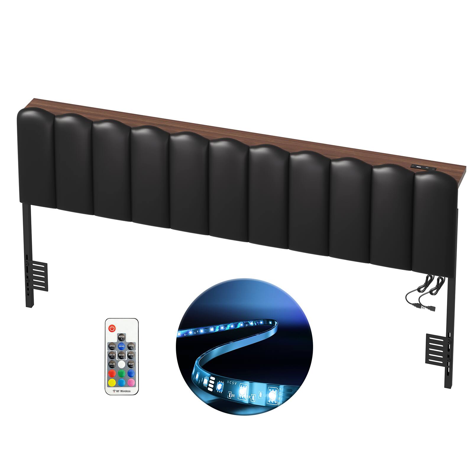 Alt View 5. Pinmoco - Metal Upholstered Headboard Height Adjustable Headboard with LED Light, Charging Station - PU Black.